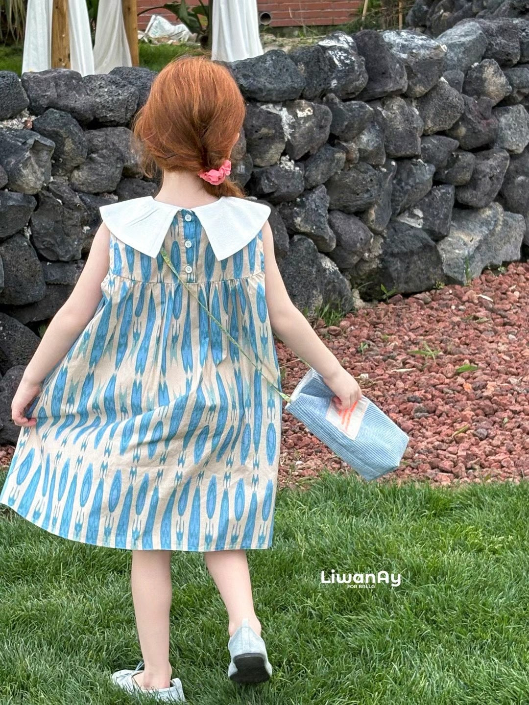 “Bluebell Breeze” Ikat Atlas Cotton Dress – Sailor Collar & Summer Charm