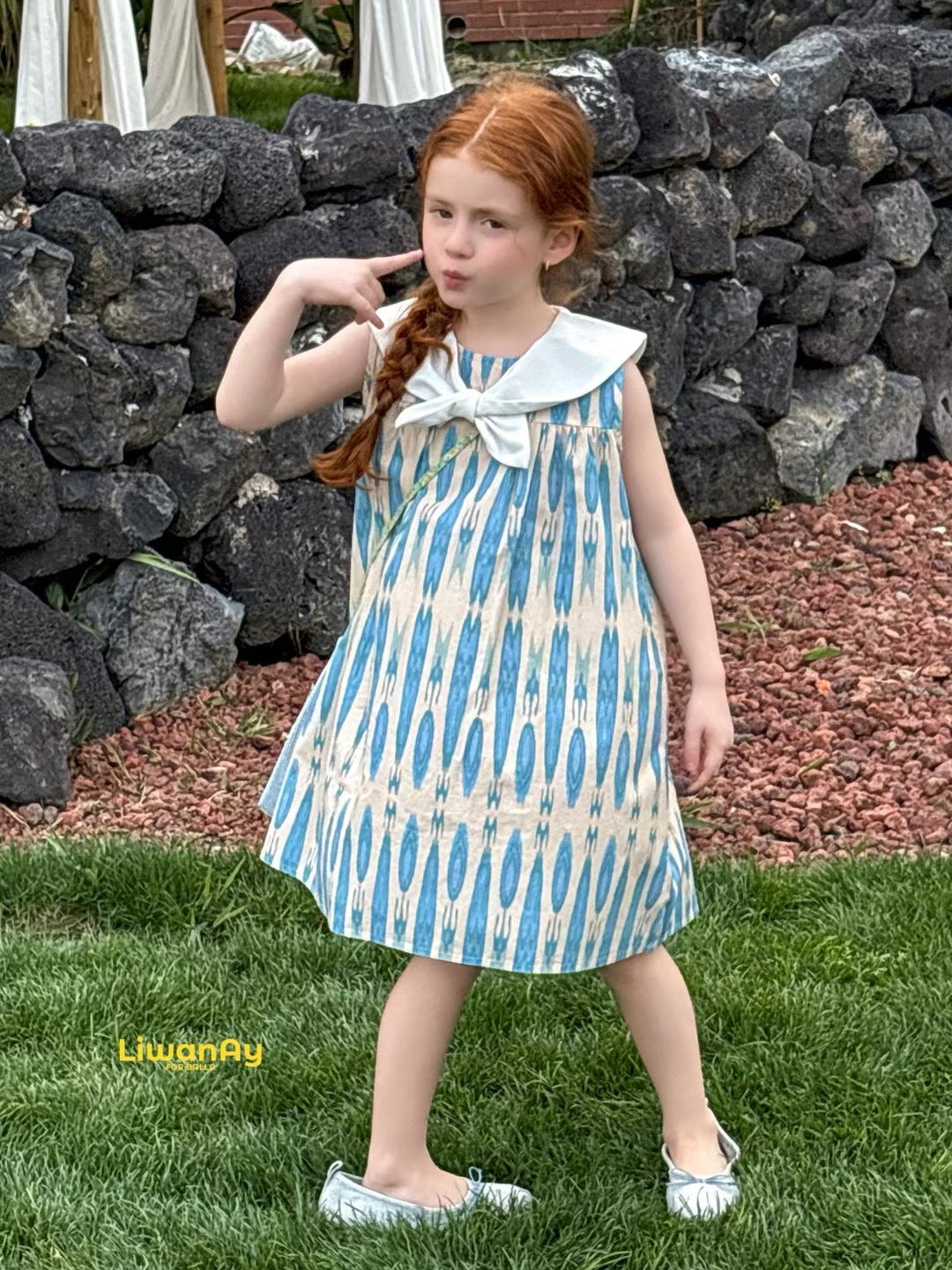 “Bluebell Breeze” Ikat Atlas Cotton Dress – Sailor Collar & Summer Charm