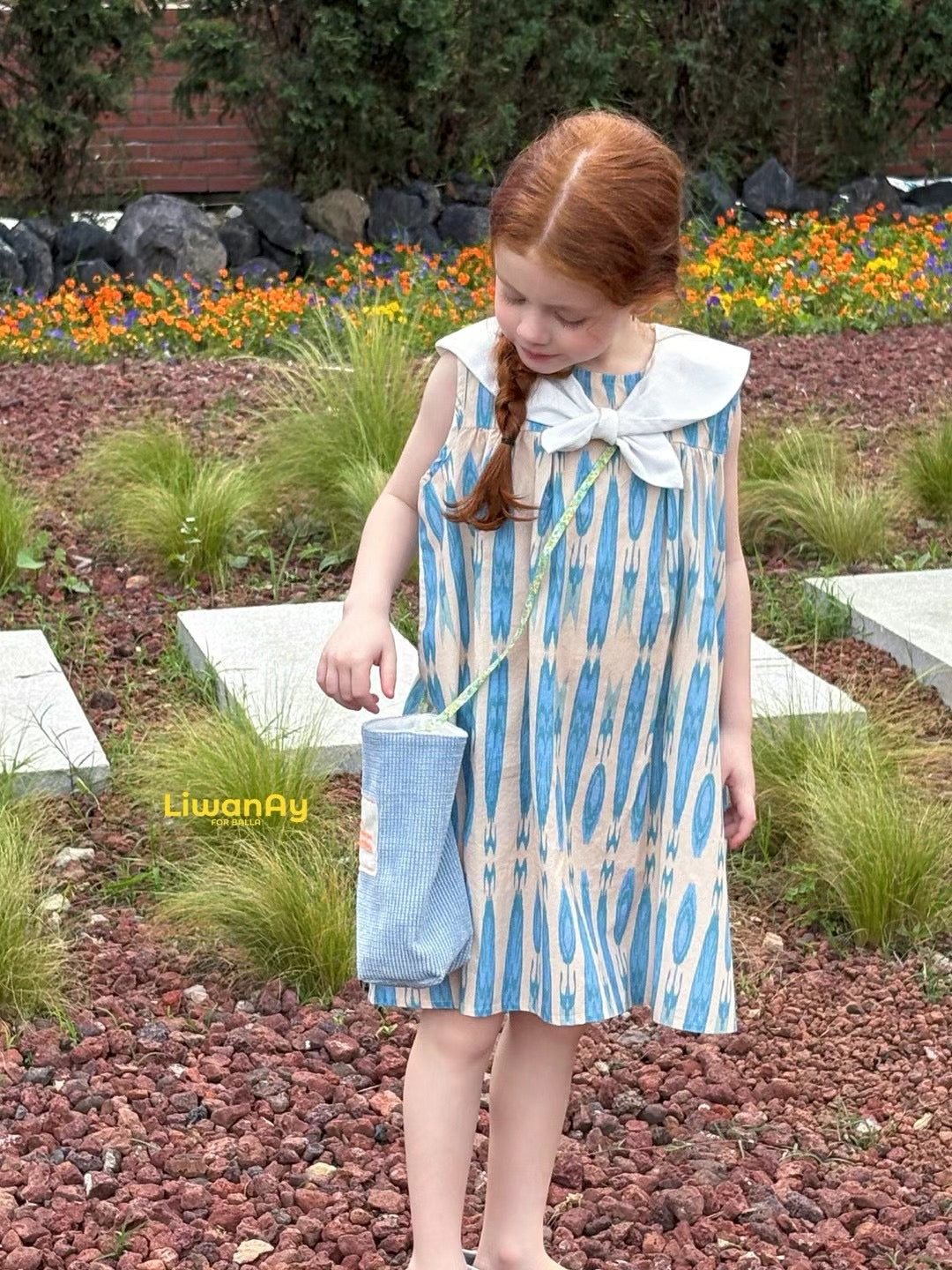 “Bluebell Breeze” Ikat Atlas Cotton Dress – Sailor Collar & Summer Charm