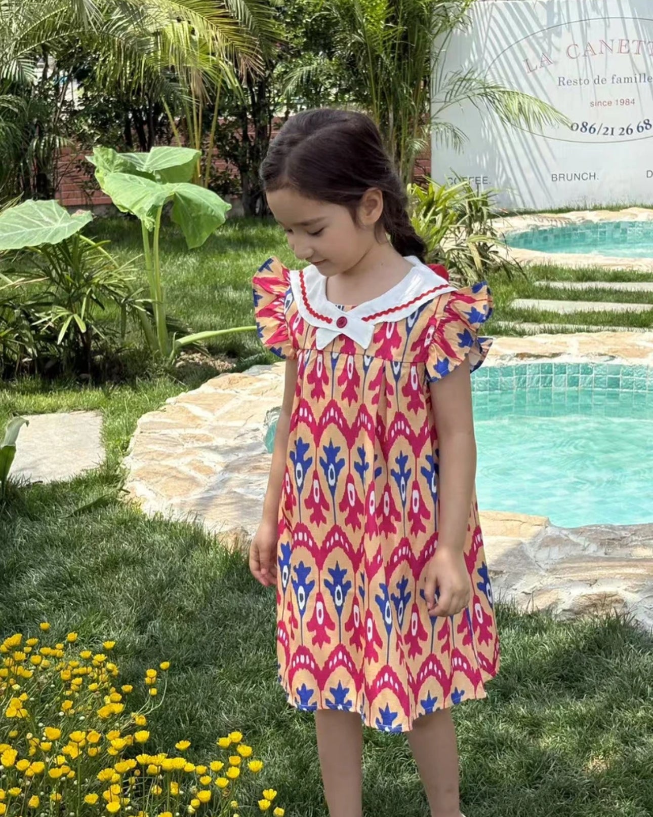 “Peach Bloom” Atlas Ikat Dress – Ruffle Sleeve & Peter Pan Collar | Fade-Resistant & Cool