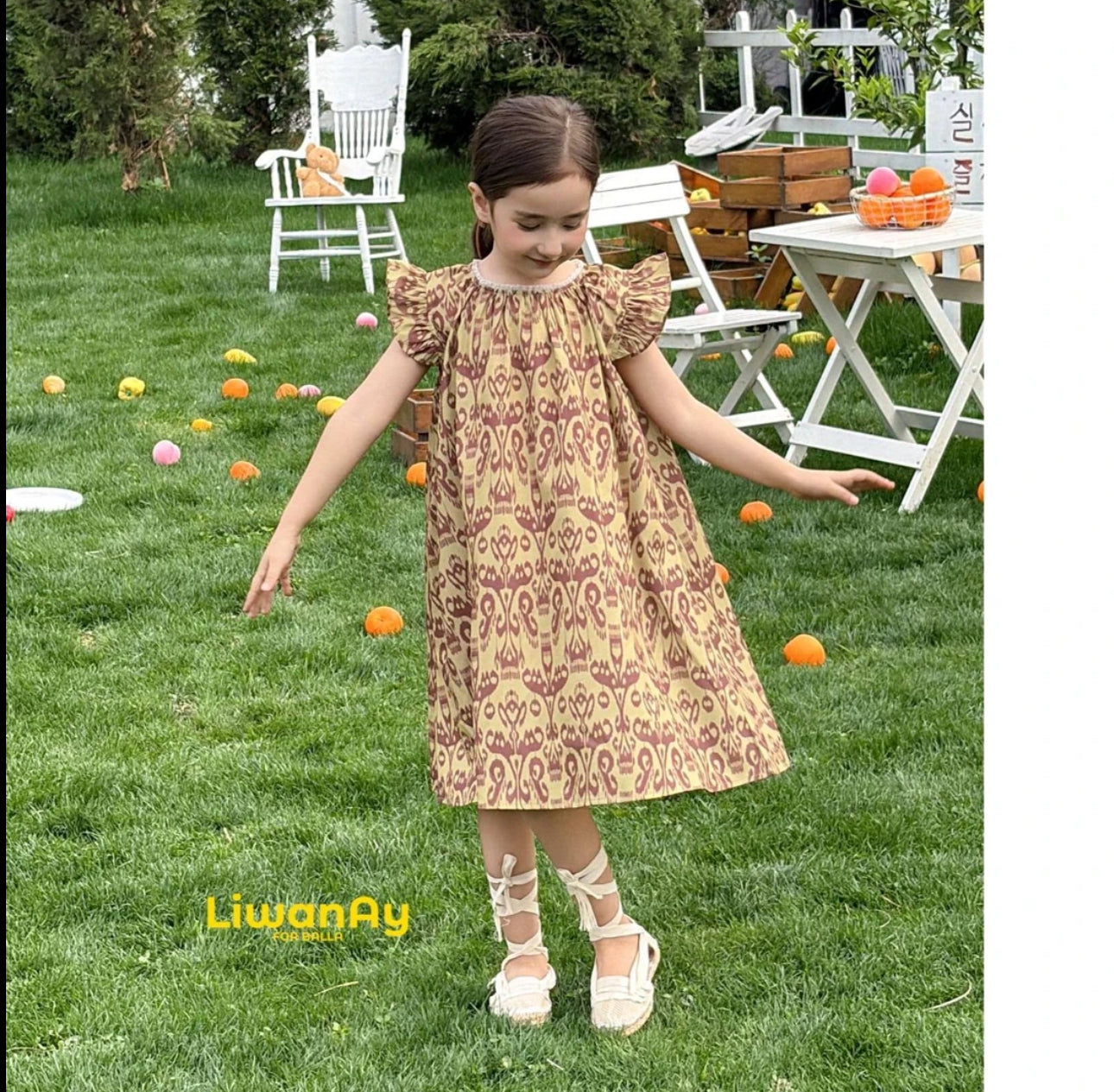 “Golden Fig” Atlas Ikat Dress – Lightweight & Soft | Ruffle Sleeve Style