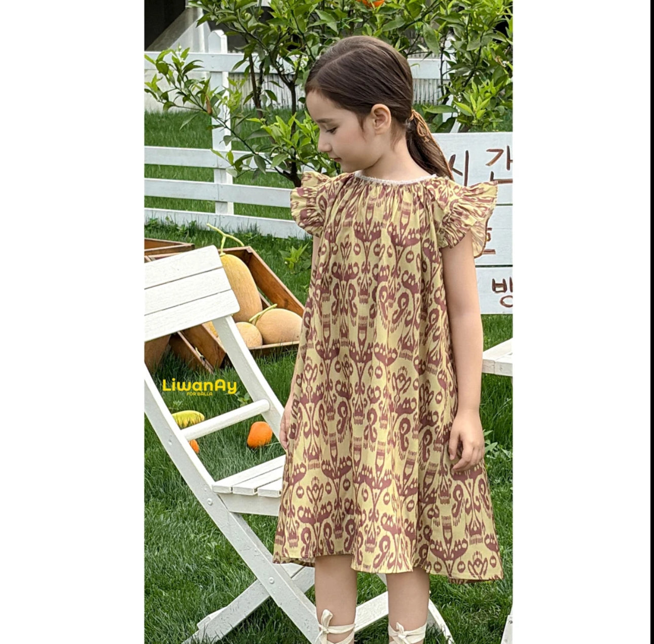 “Golden Fig” Atlas Ikat Dress – Lightweight & Soft | Ruffle Sleeve Style