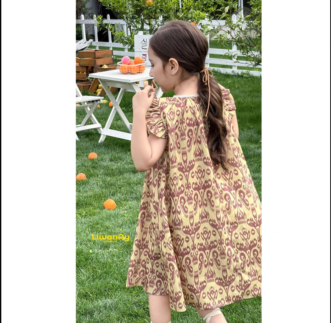 “Golden Fig” Atlas Ikat Dress – Lightweight & Soft | Ruffle Sleeve Style