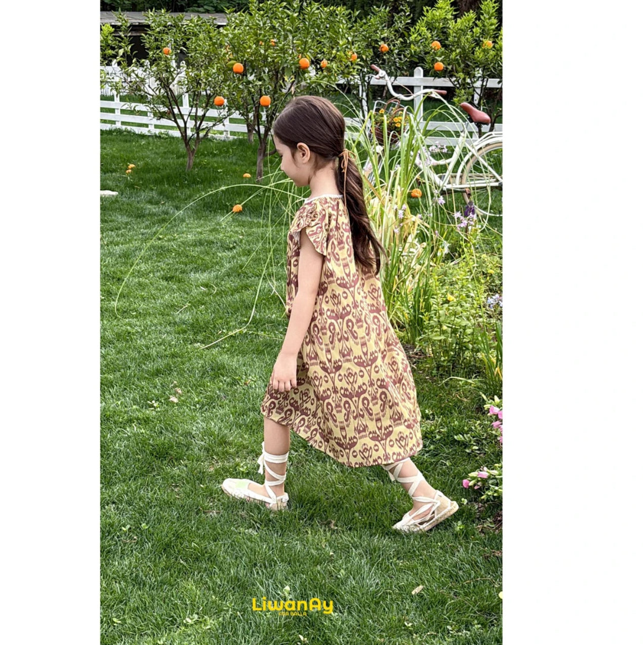 “Golden Fig” Atlas Ikat Dress – Lightweight & Soft | Ruffle Sleeve Style