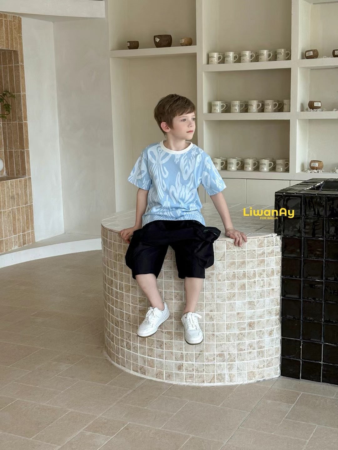 boys wearing blue ikat t-shirt soft breathable summer outfit