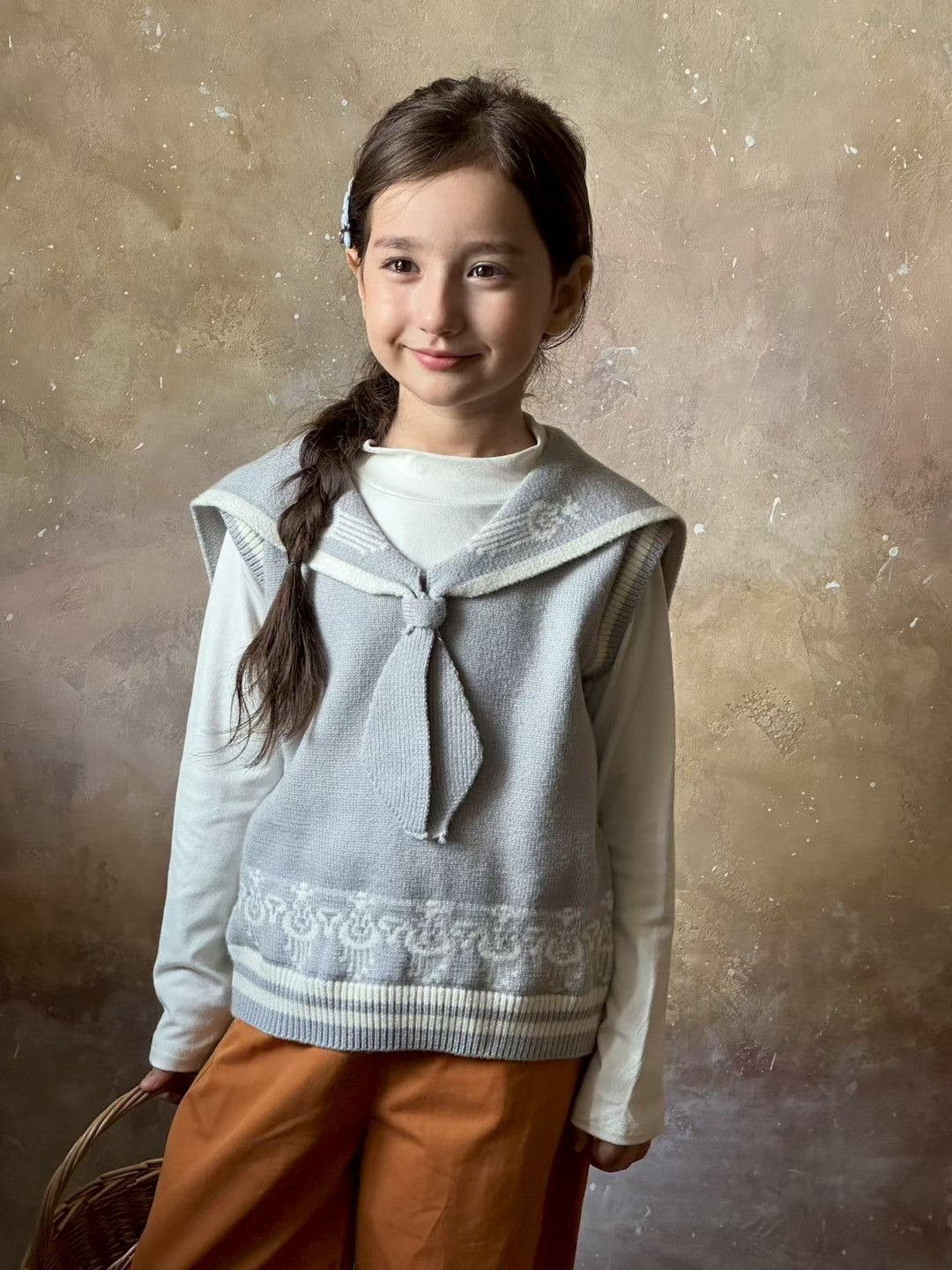 Sailor Knit Vest – Soft Atlas Pattern Sweater Vest for Girls (Light Grey Blue)