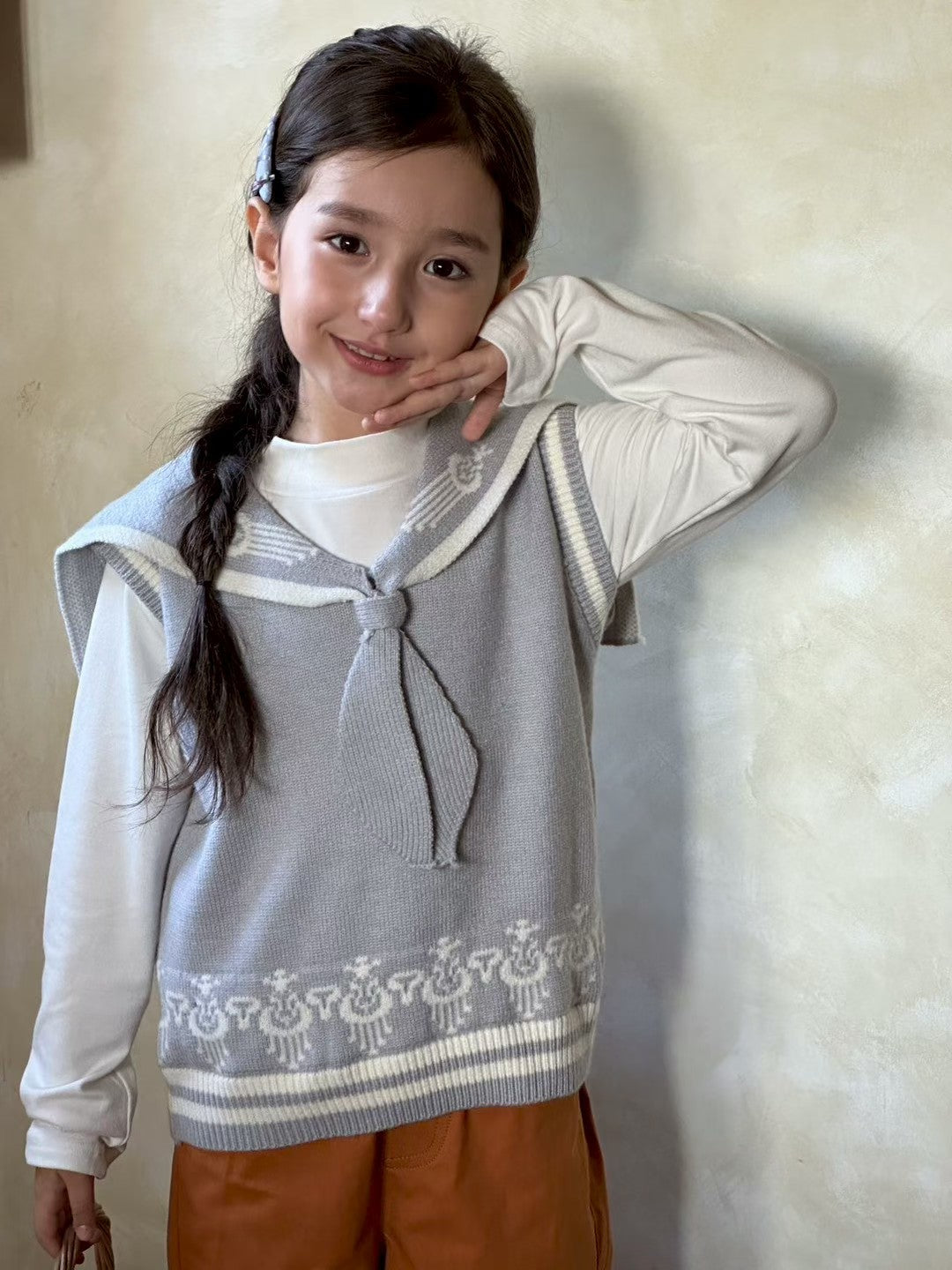 Sailor Knit Vest – Soft Atlas Pattern Sweater Vest for Girls (Light Grey Blue)