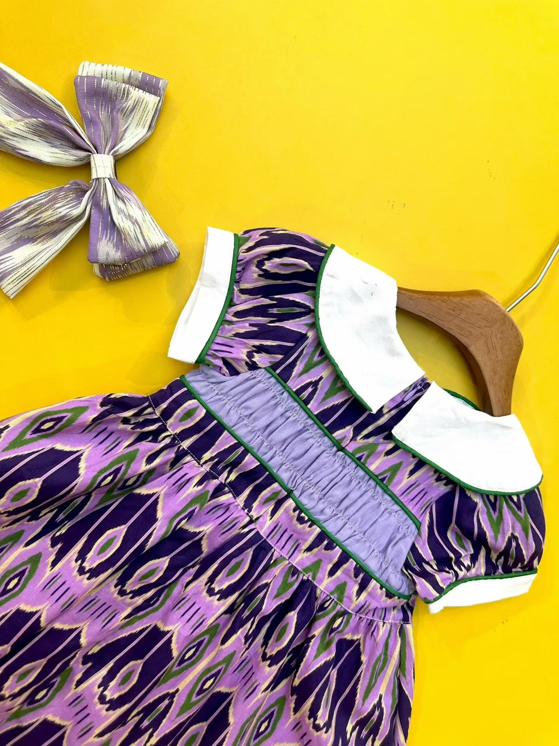 Girls Cotton Atlas Dress – Purple Ikat Dress with Peter Pan Collar