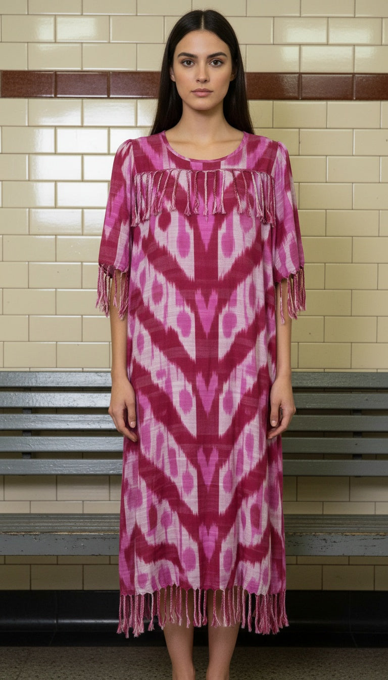 Hand-Dyed Magenta Maxi Dress – Flowy Cotton Comfort (Fits ≤75 kg)