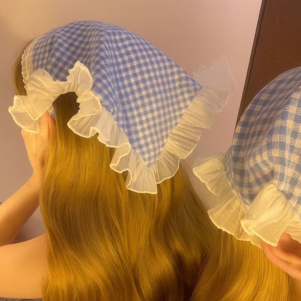 Cute Gingham Lace Head Scarf – Princess Garden Style