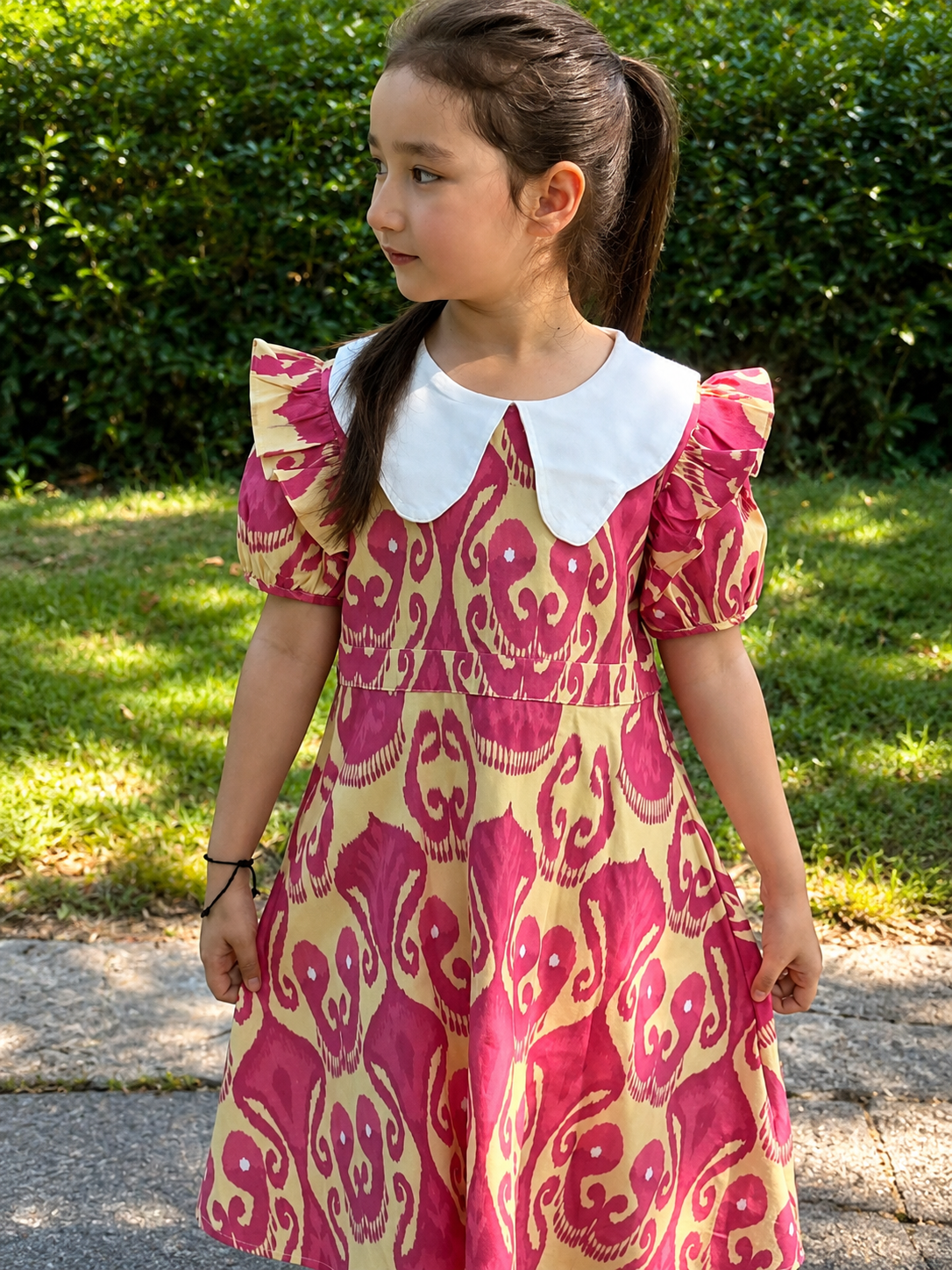 Girls Ikat Cotton Dress – Puff Sleeve Summer Dress with Atlas Pattern