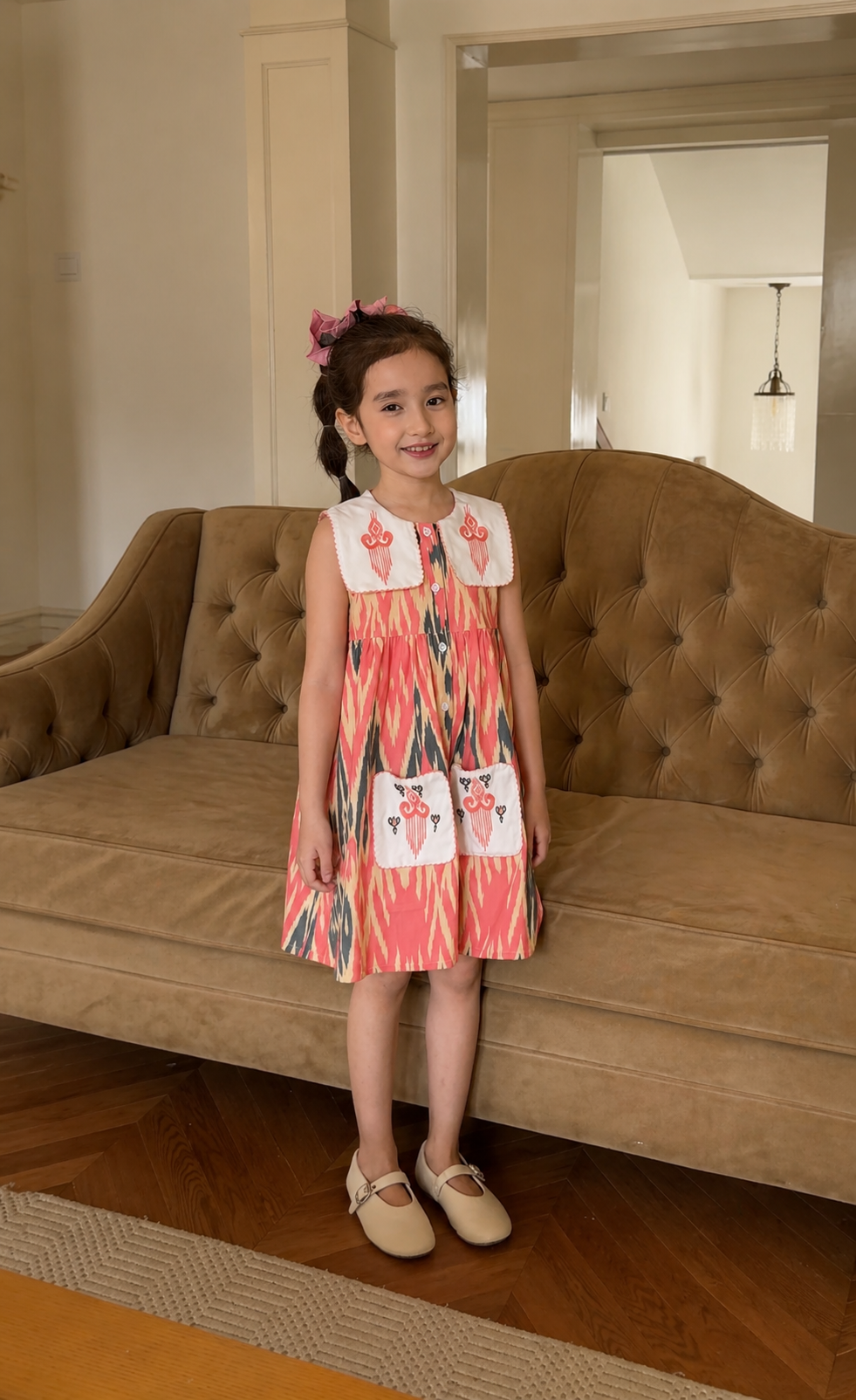 Girls Atlas Ikat Cotton Dress – Embroidered Collar Dress with Patch Pocket Design