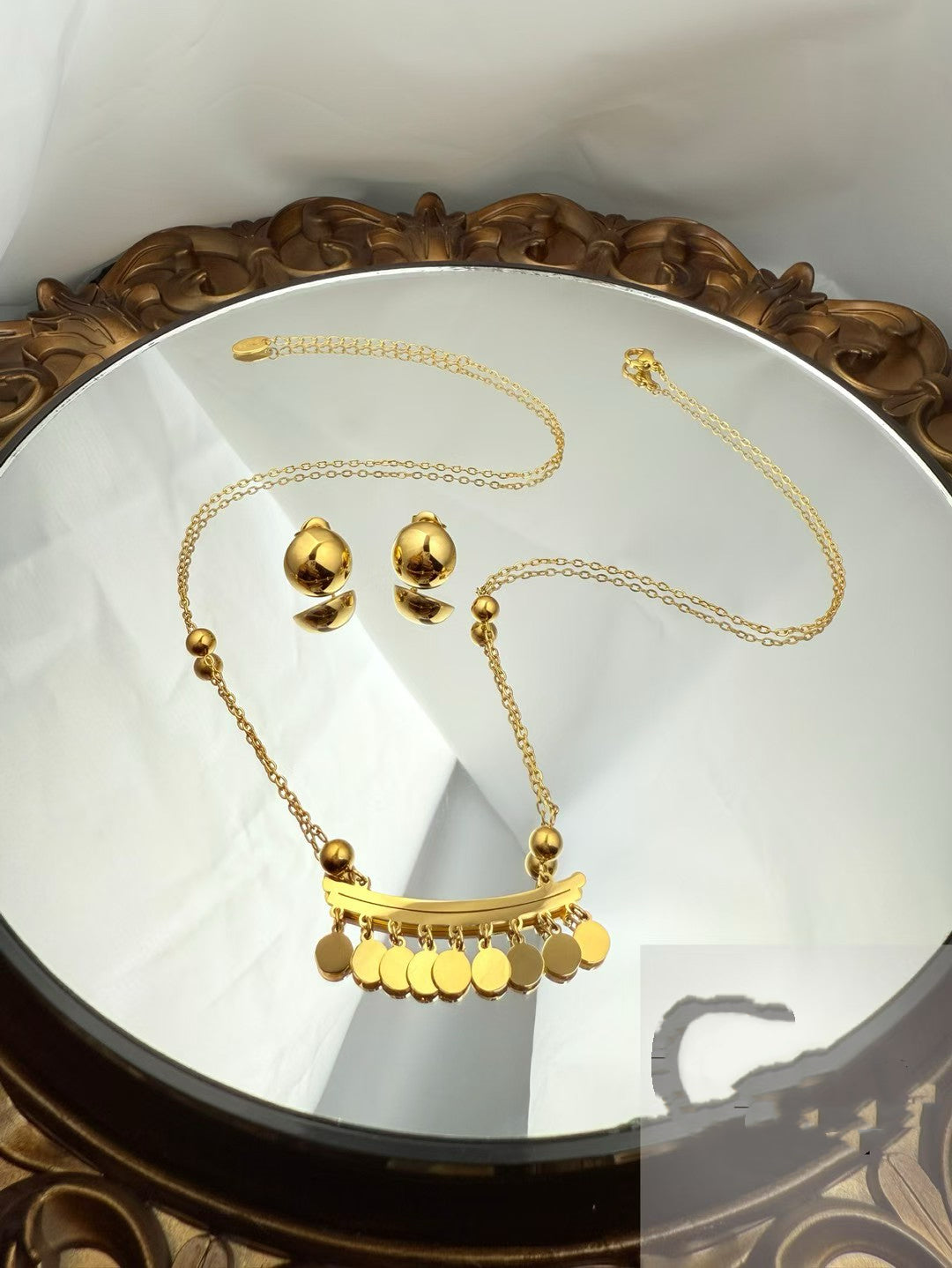 Gold Color Stainless Steel Necklace & Earrings Set（89）