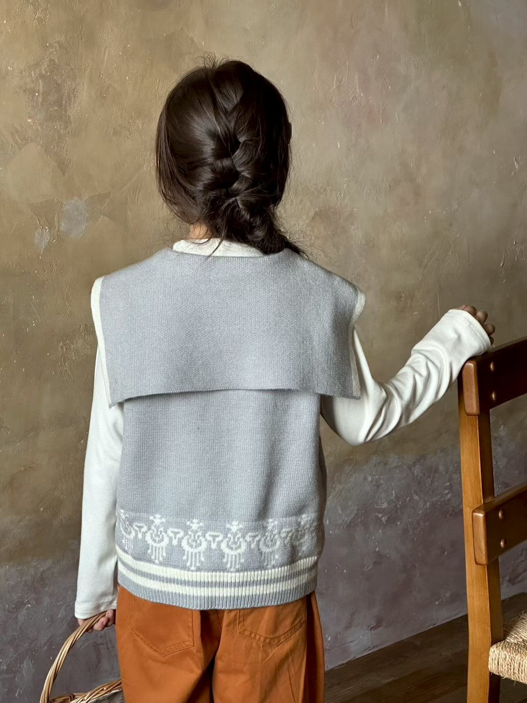 Sailor Knit Vest – Soft Atlas Pattern Sweater Vest for Girls (Light Grey Blue)