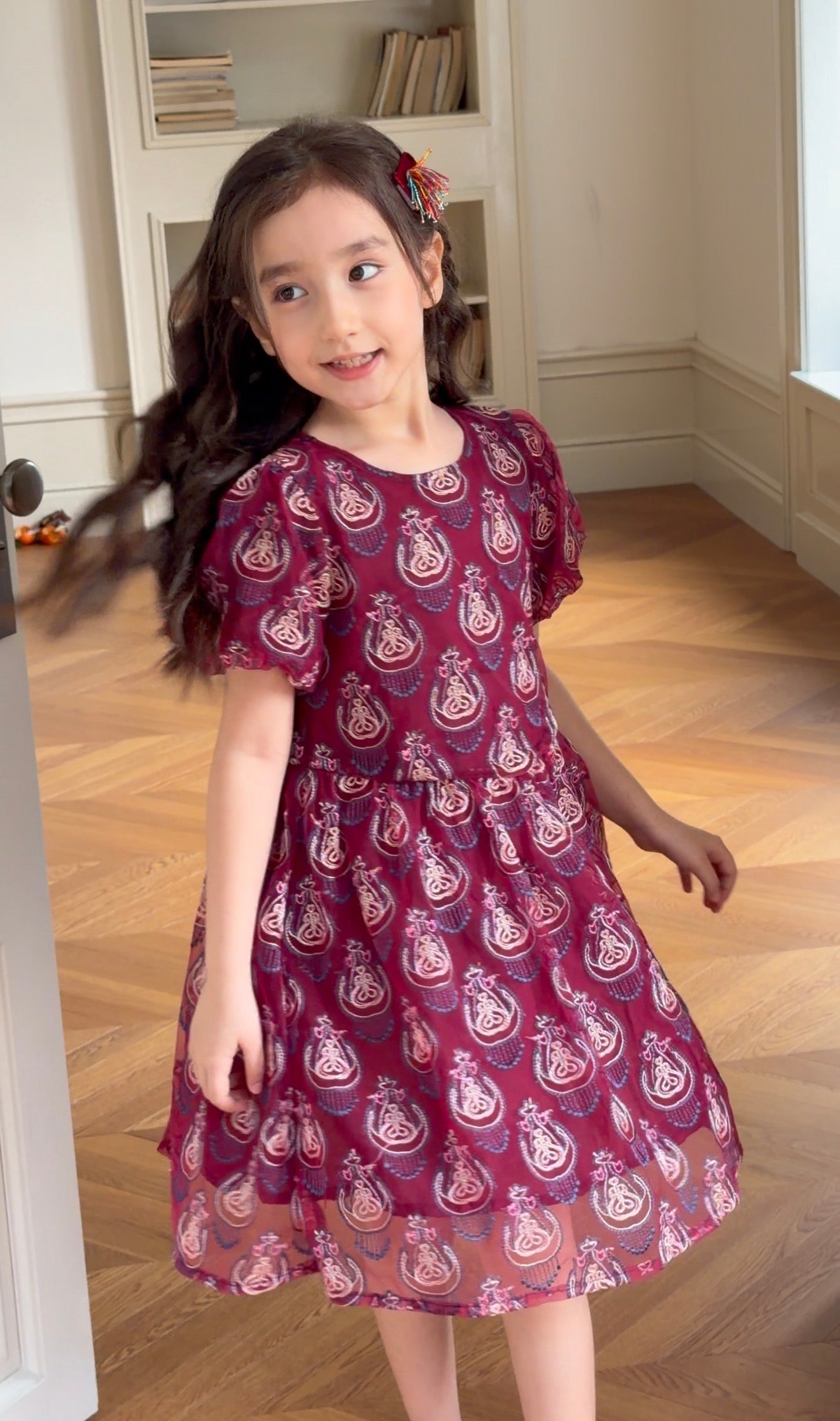 Girls Cotton Blend Atlas Dress – Burgundy Ikat Flowy Dress