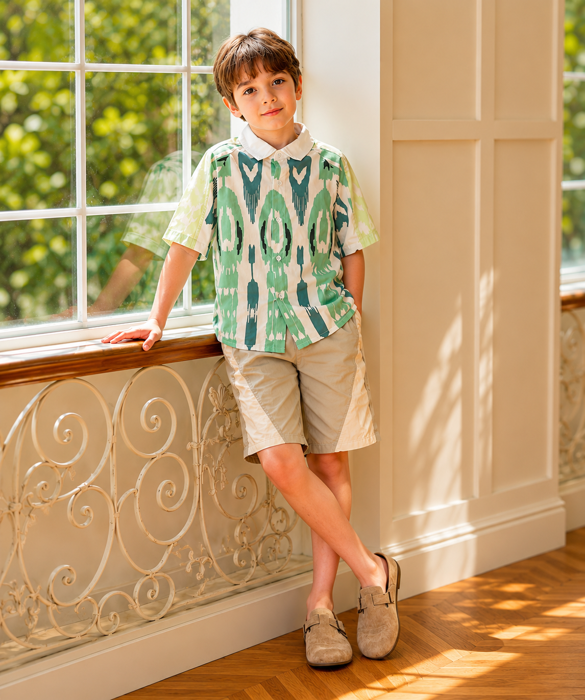 Kids Cotton Atlas Shirt – Green Ikat Button-Up (Unisex)