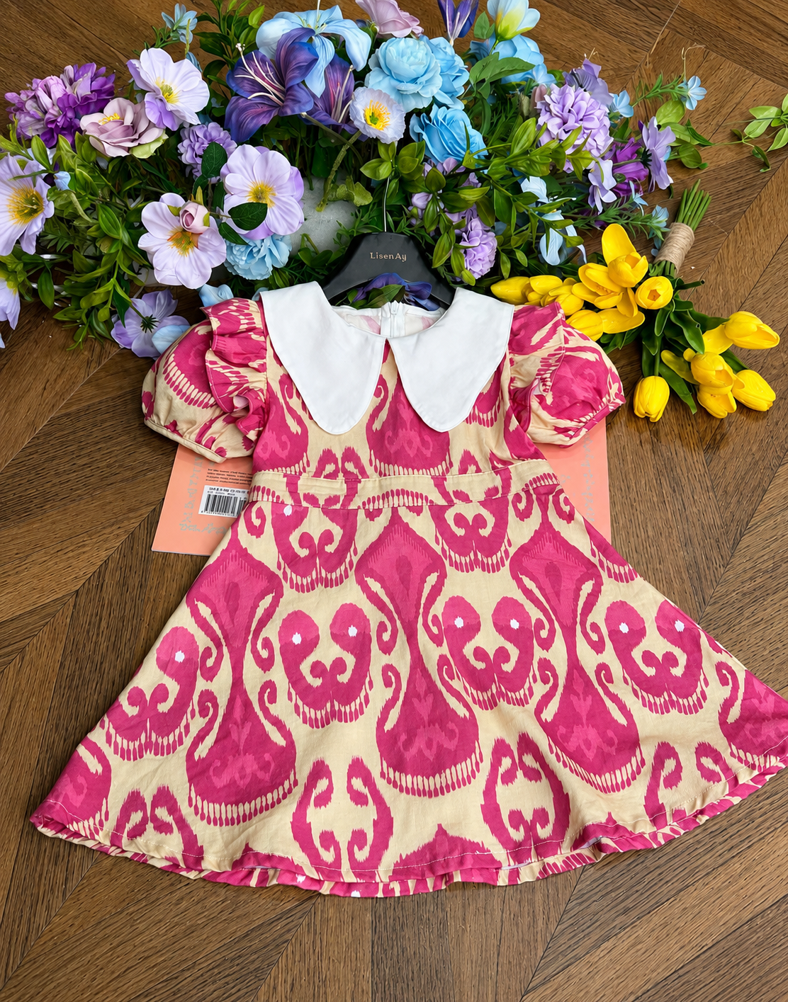 Girls Ikat Cotton Dress – Puff Sleeve Summer Dress with Atlas Pattern