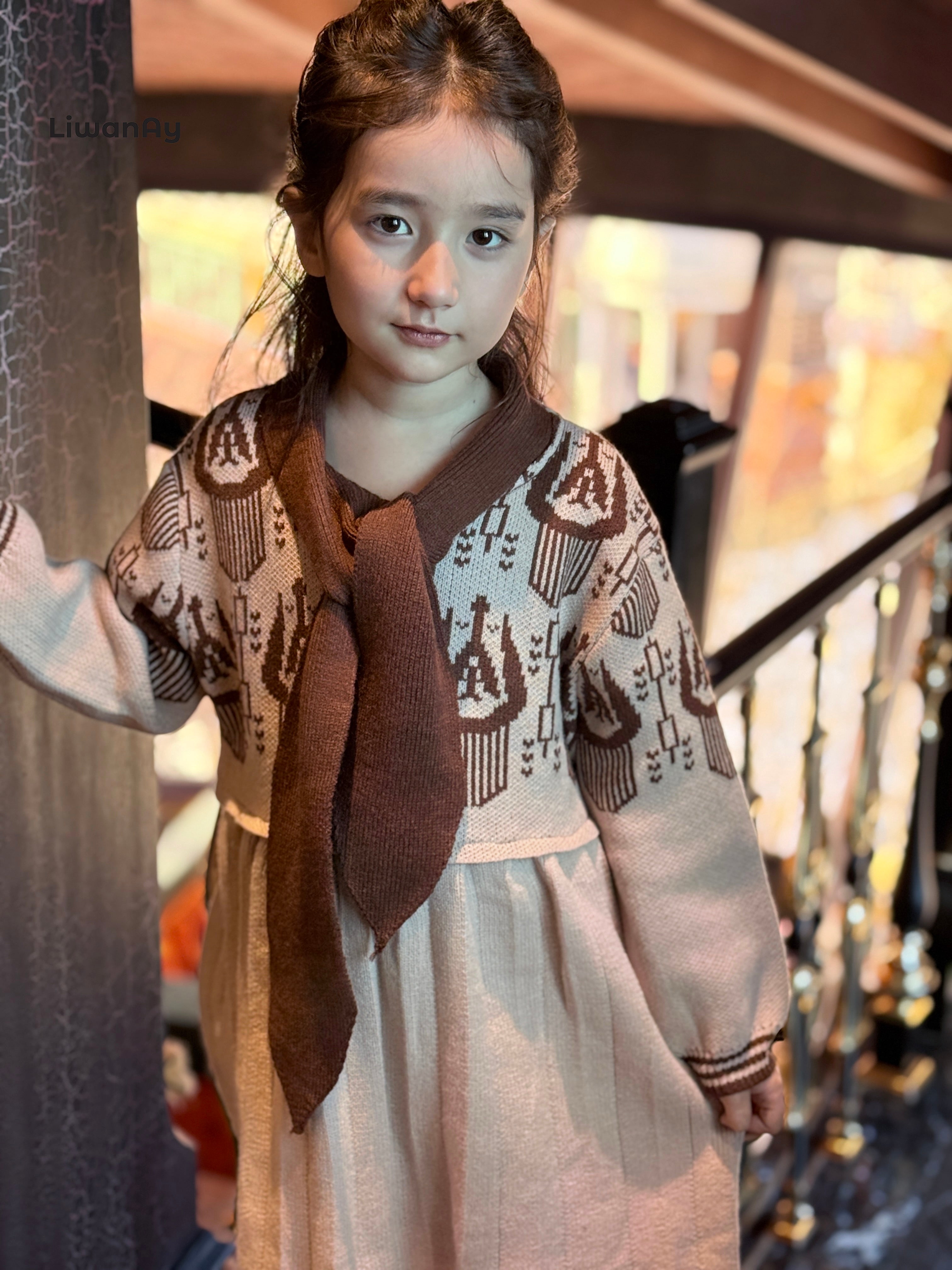 Vintage Atlas Knit Dress – Cultural Pattern Sweater Dress for Girls