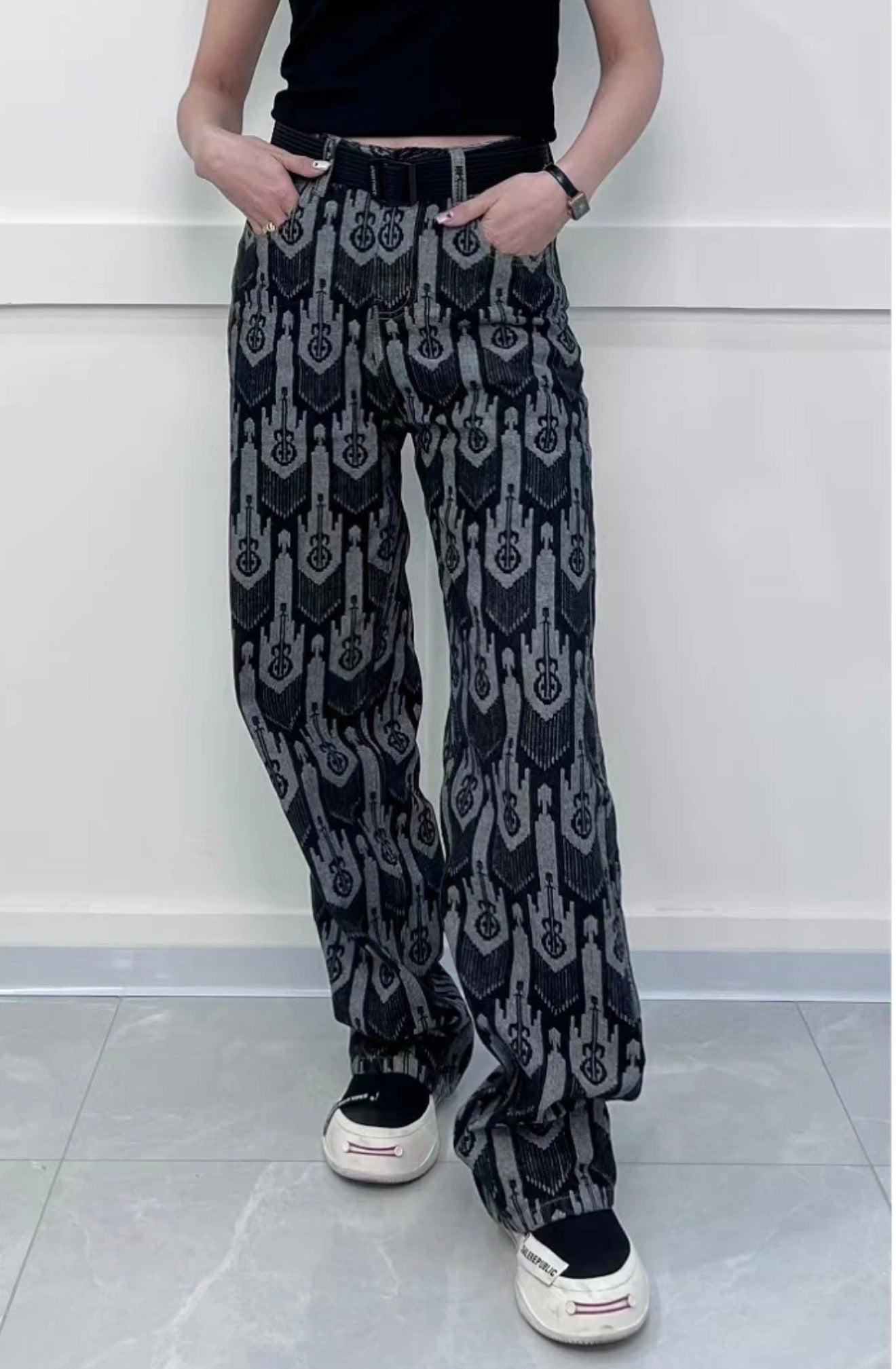 Women’s Grey Printed Wide Leg Pants(165–175 lbs)