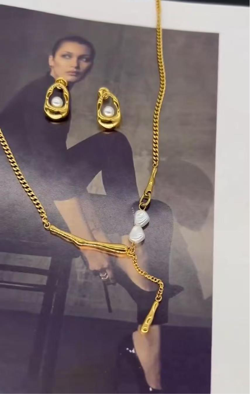 Gold Color Stainless Steel Necklace & Earrings Set（91）