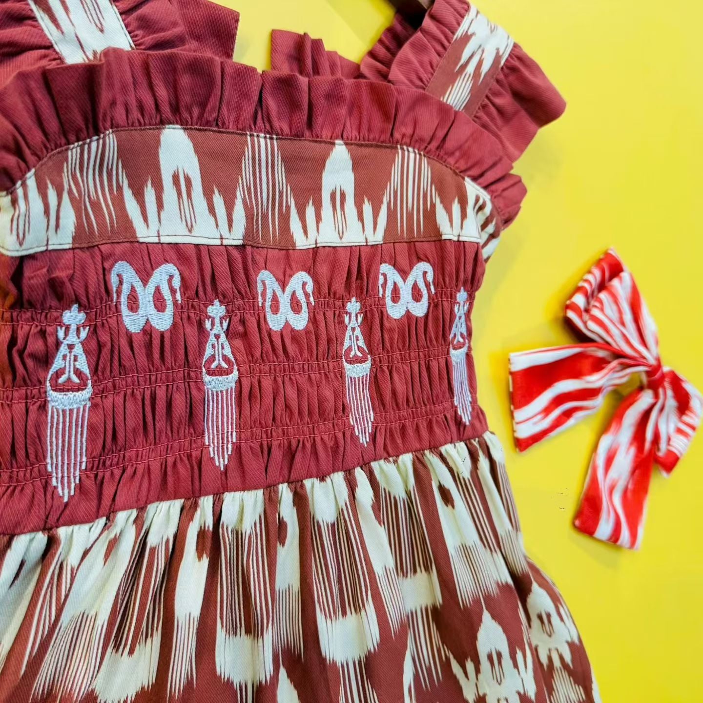 Girls Cotton Atlas Dress – Smocked Ikat Dress (Red & Pink)