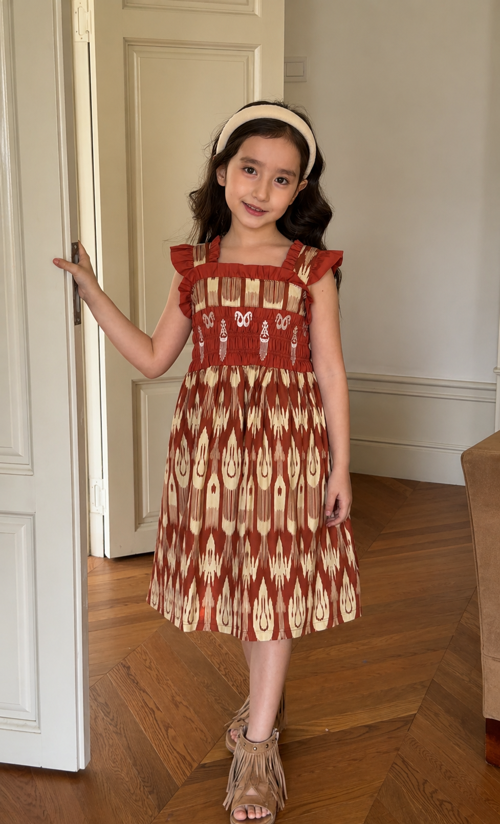 Girls Cotton Atlas Dress – Smocked Ikat Dress (Red & Pink)