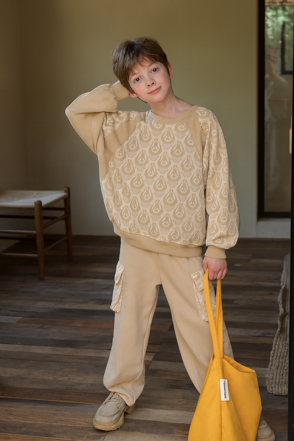 Beige Atlas/Ikat Sweatshirt Set