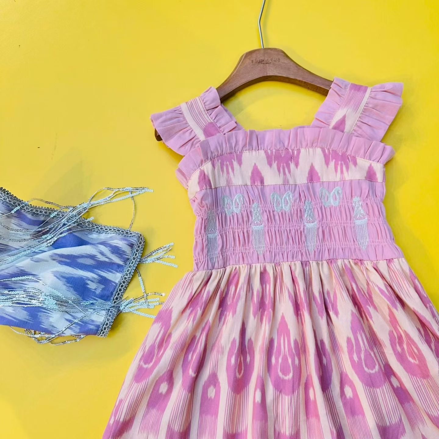 Girls Cotton Atlas Dress – Smocked Ikat Dress (Red & Pink)