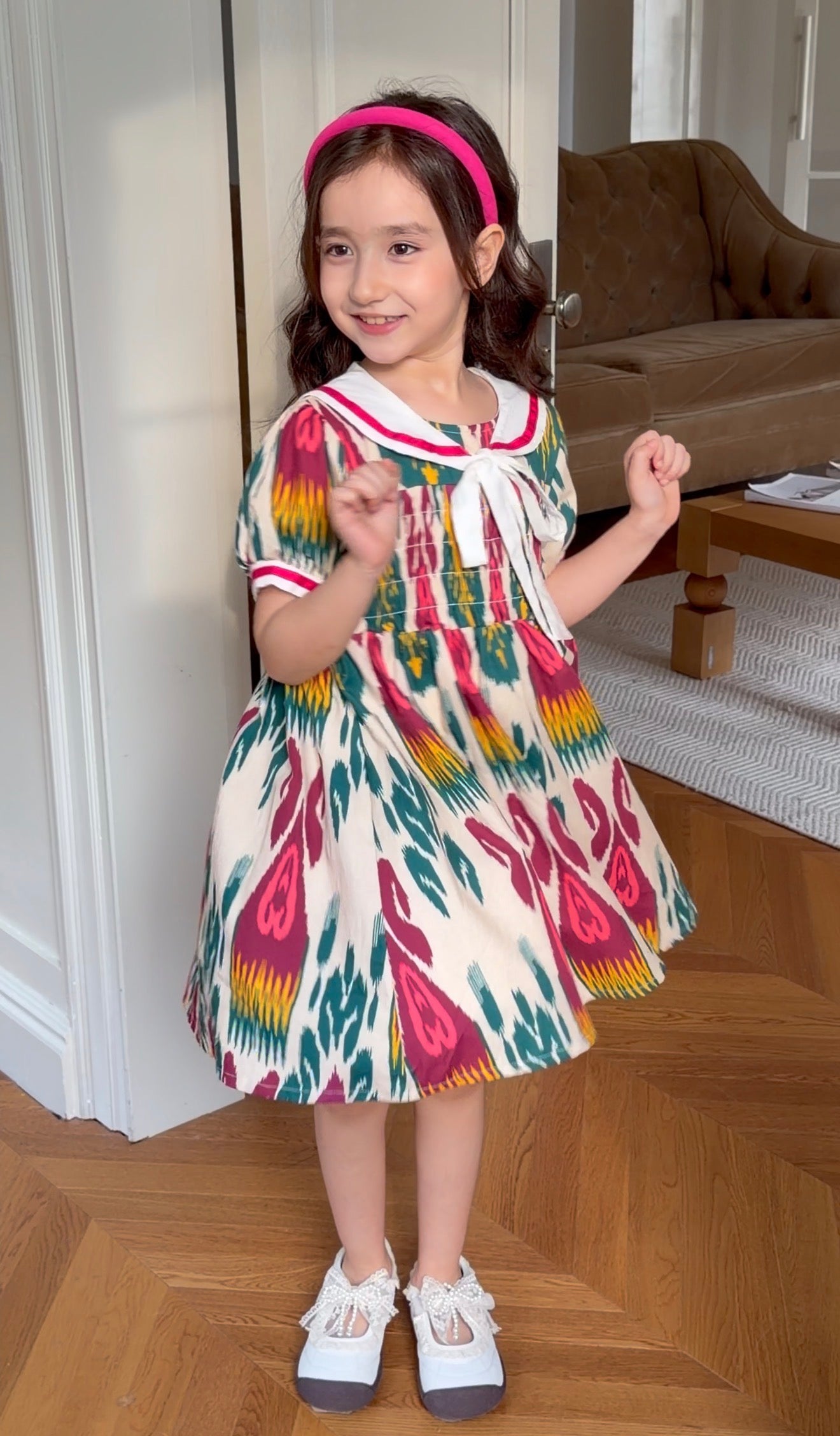 Girls Atlas Cotton Dress – Nautical Style Ikat Summer Dress
