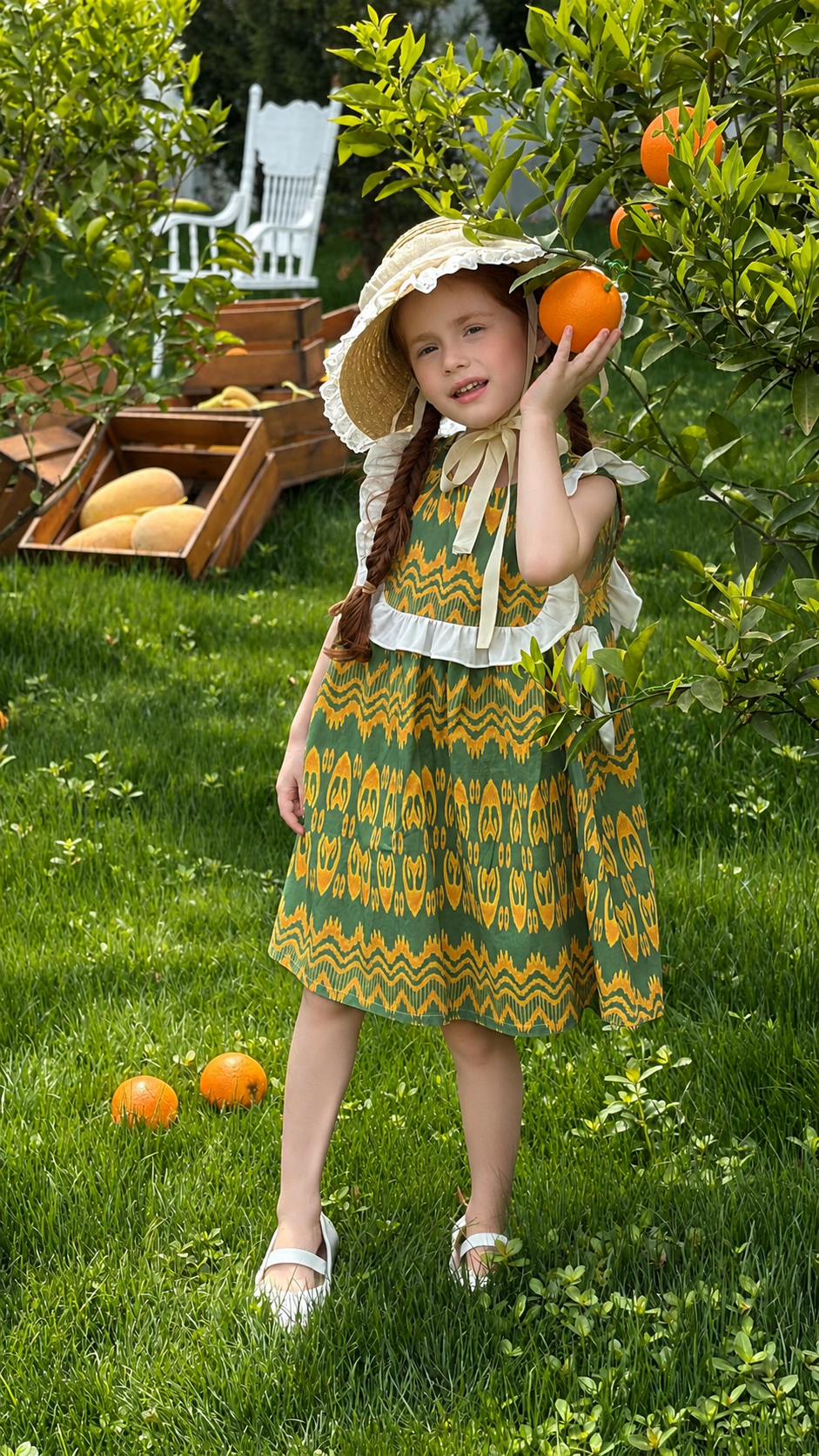 “Citrus Grove” Atlas Cotton Dress – Ruffle Shoulder | Summer Green Edition