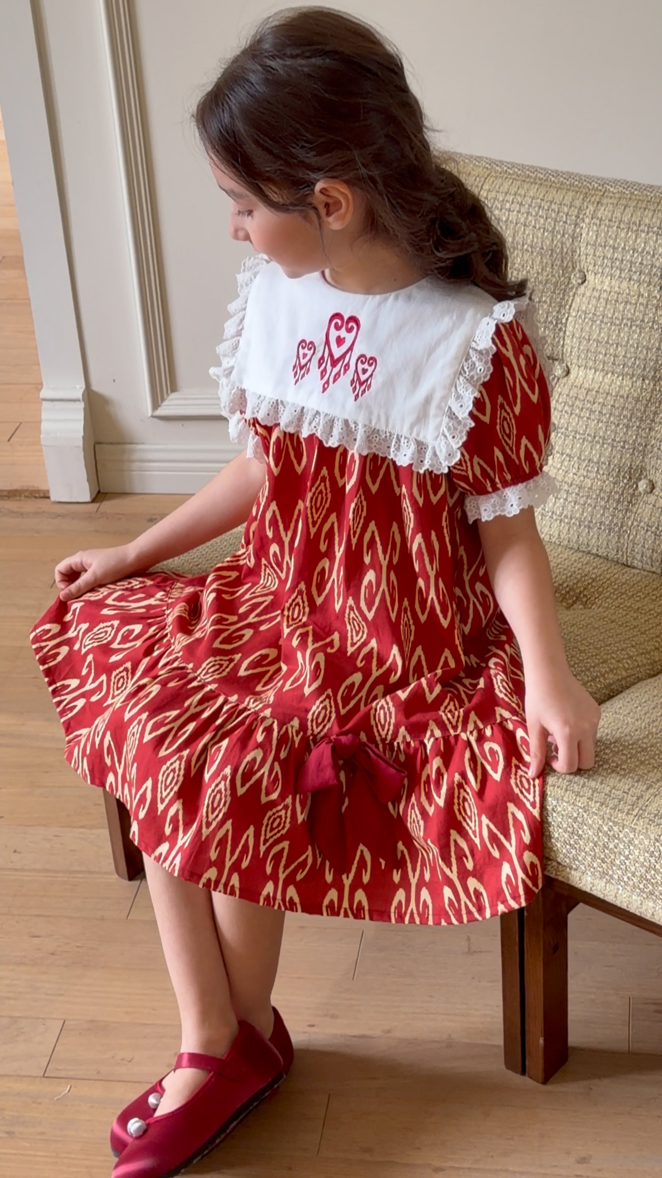 Atlas Red Cotton Dress for Girls – Embroidered Vintage Princess Dress