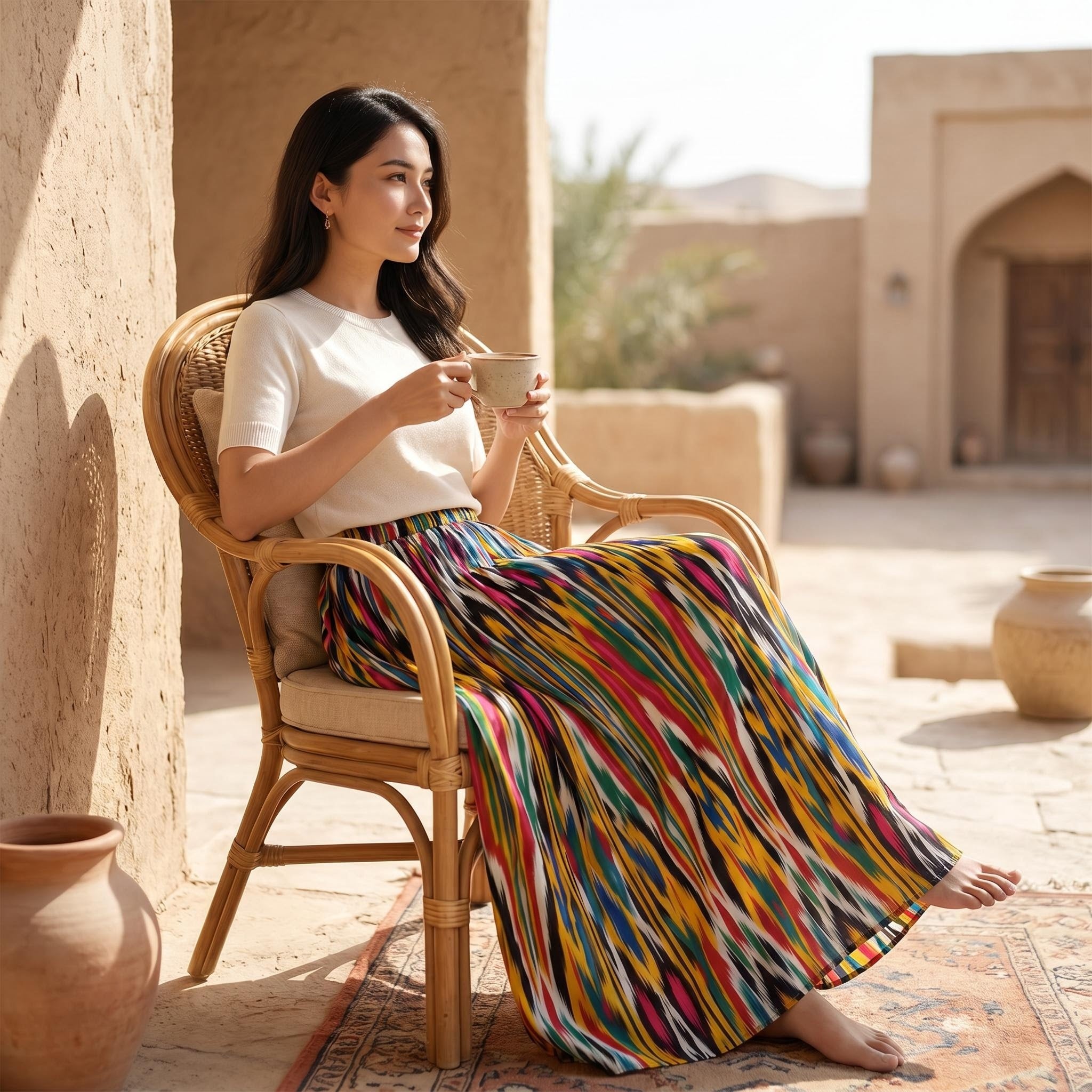 Silk Road Ikat Linen Maxi Skirt – 100% Linen Heritage A-Line Skirt(One Size)