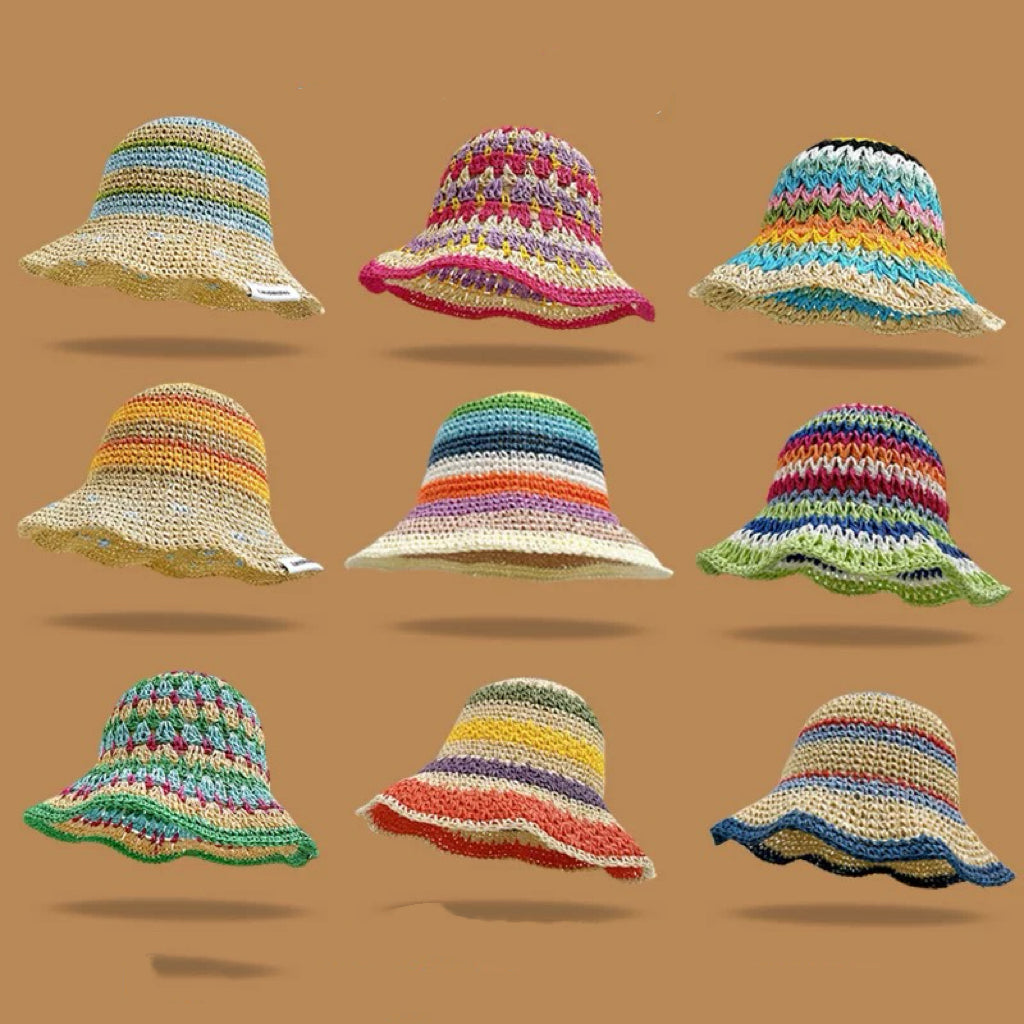 Rainbow Woven Sun Hat – Foldable Summer Beach Style (M 56–58 cm)