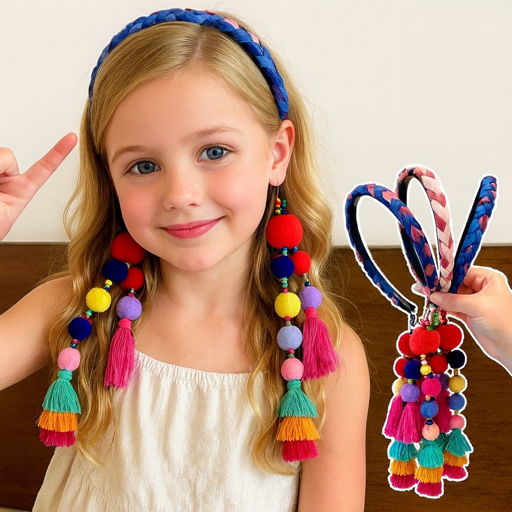 Kids’ Ethnic Style Colorful Pom-Pom Headband – Cute Festival Hair Accessory(Random with type)