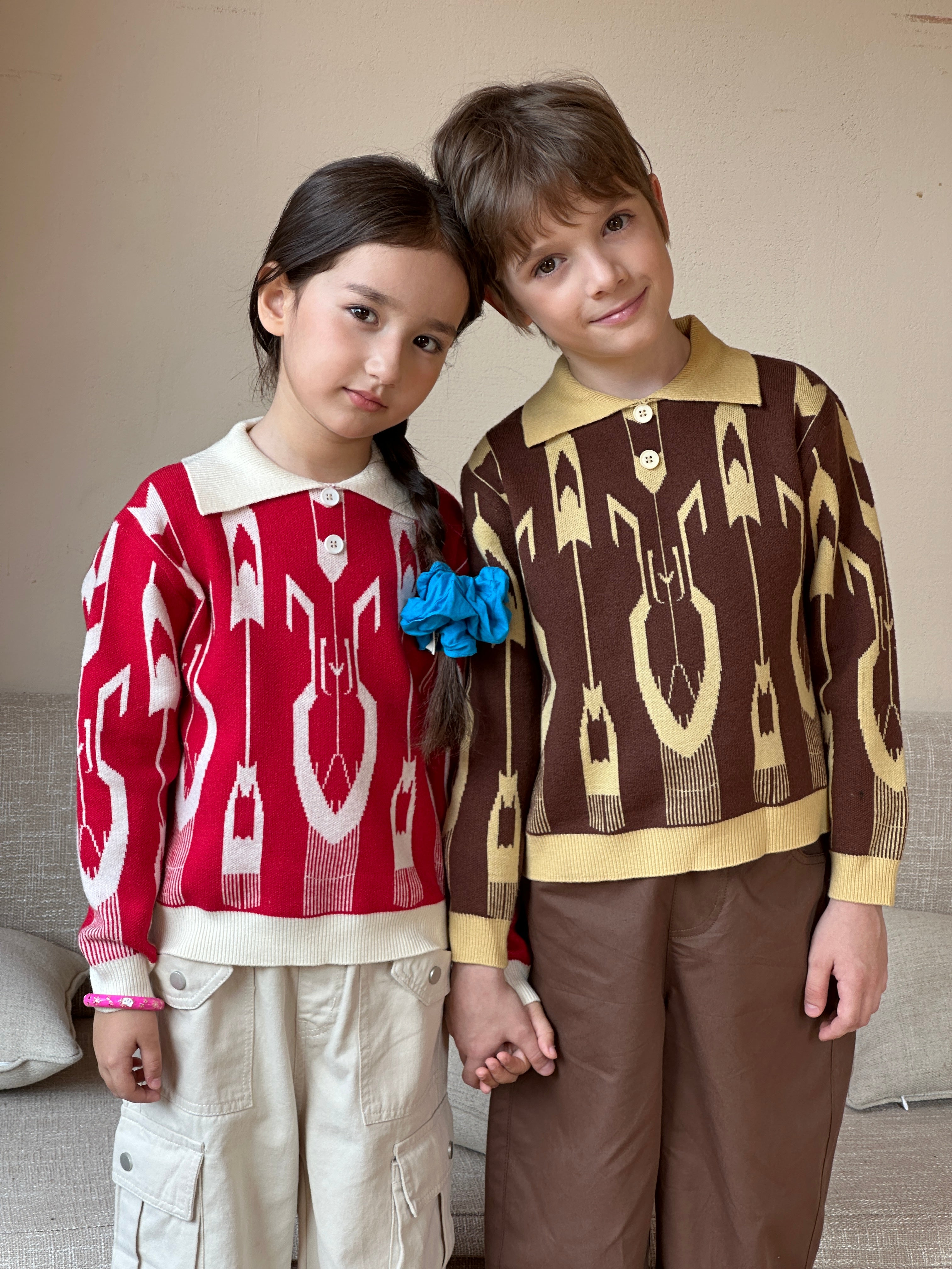 Kids’ Ikat Knit Polo Sweater — Red & Brown