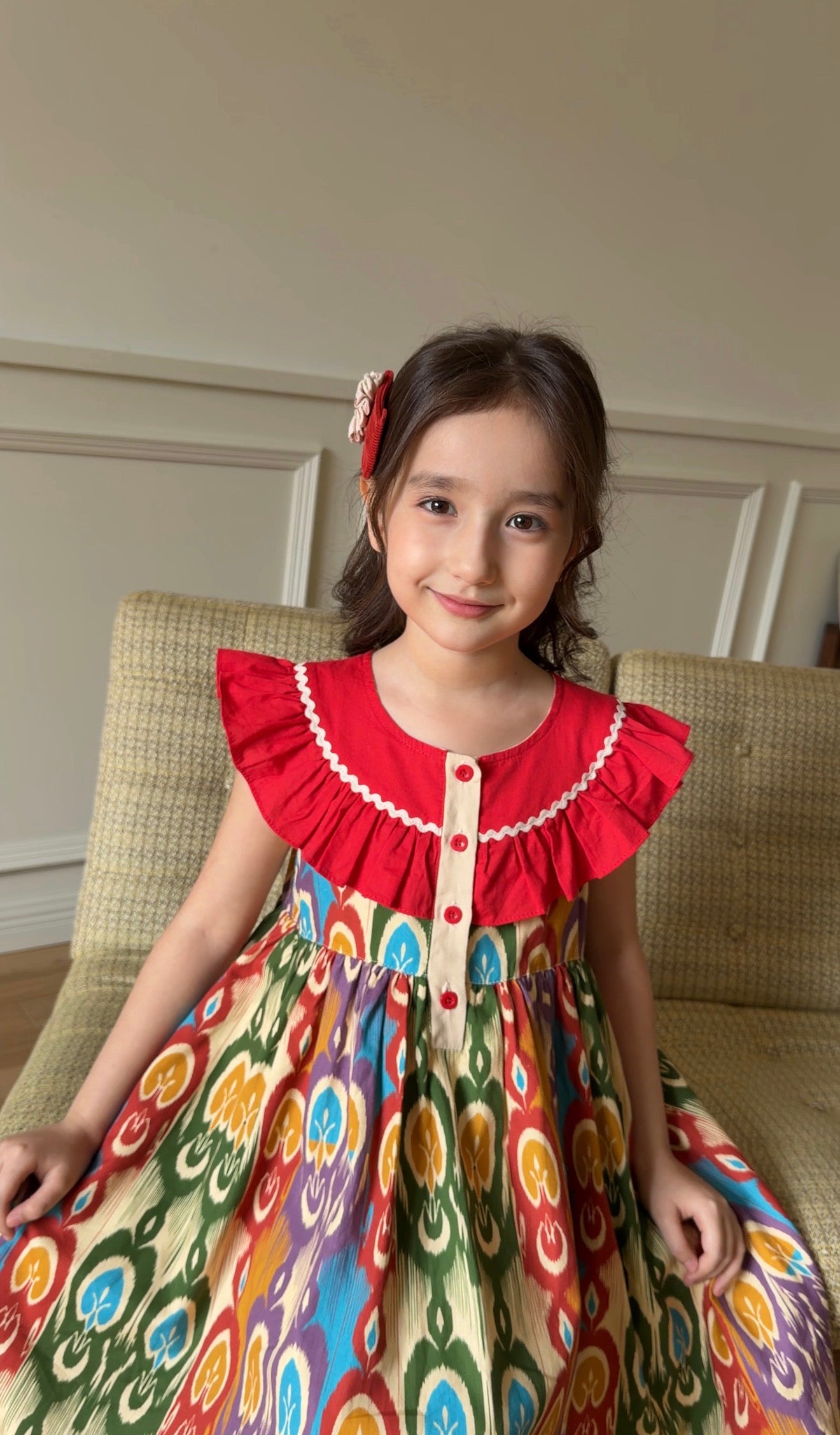 Girls Atlas Ikat Cotton Dress – Colorful Ruffle Summer Party Dress
