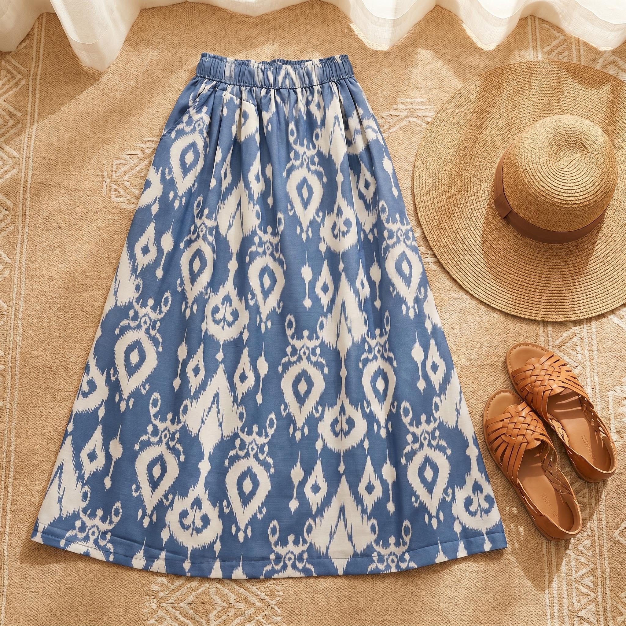 Blue Porcelain Ikat Linen Maxi Skirt – 100% Linen Heritage A-Line Skirt (One Size)