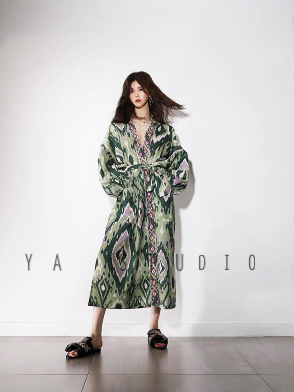 Ethnic Style Ikat Print Kimono Coat with Waist Tie – Mid-Length