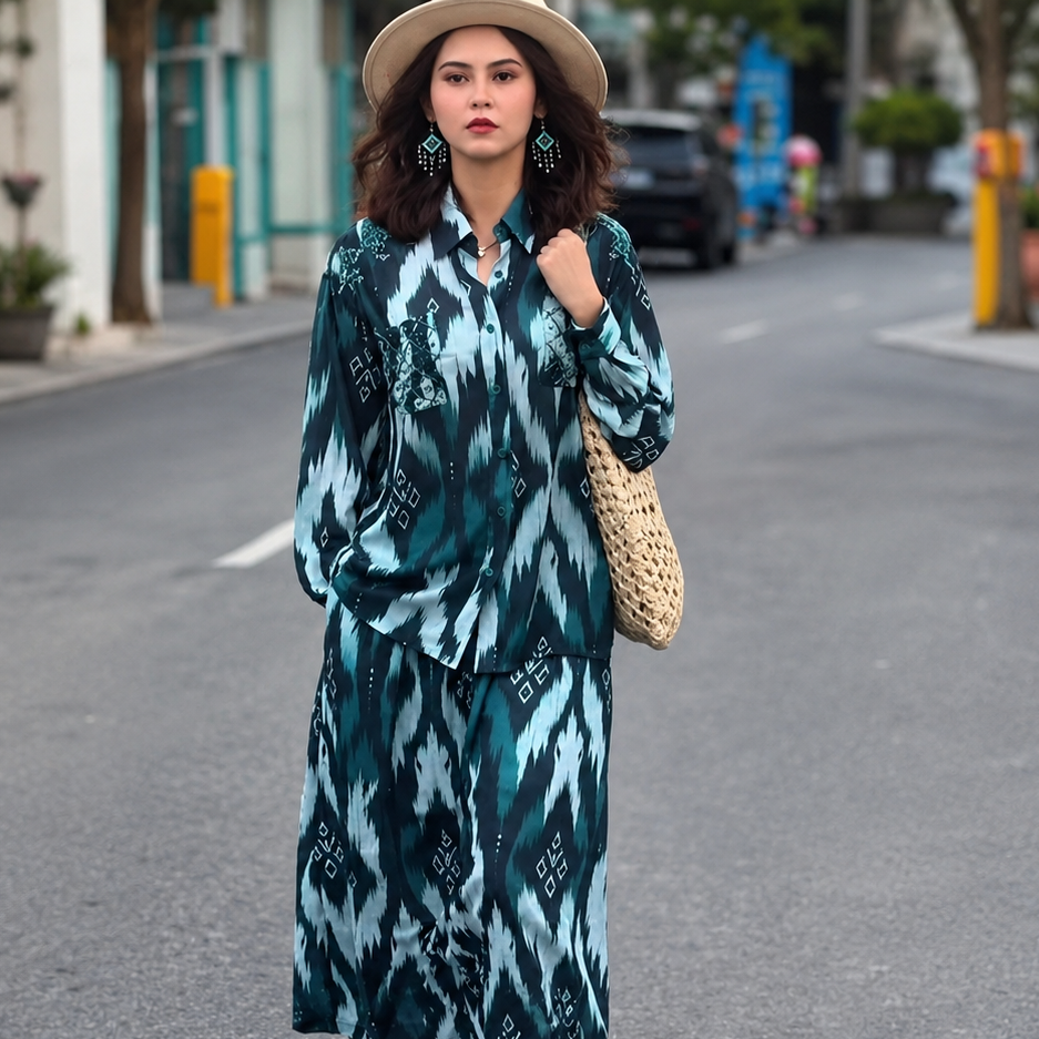Midnight Ikat Chiffon Two-Piece Set – Hand-Beaded Heritage Collection