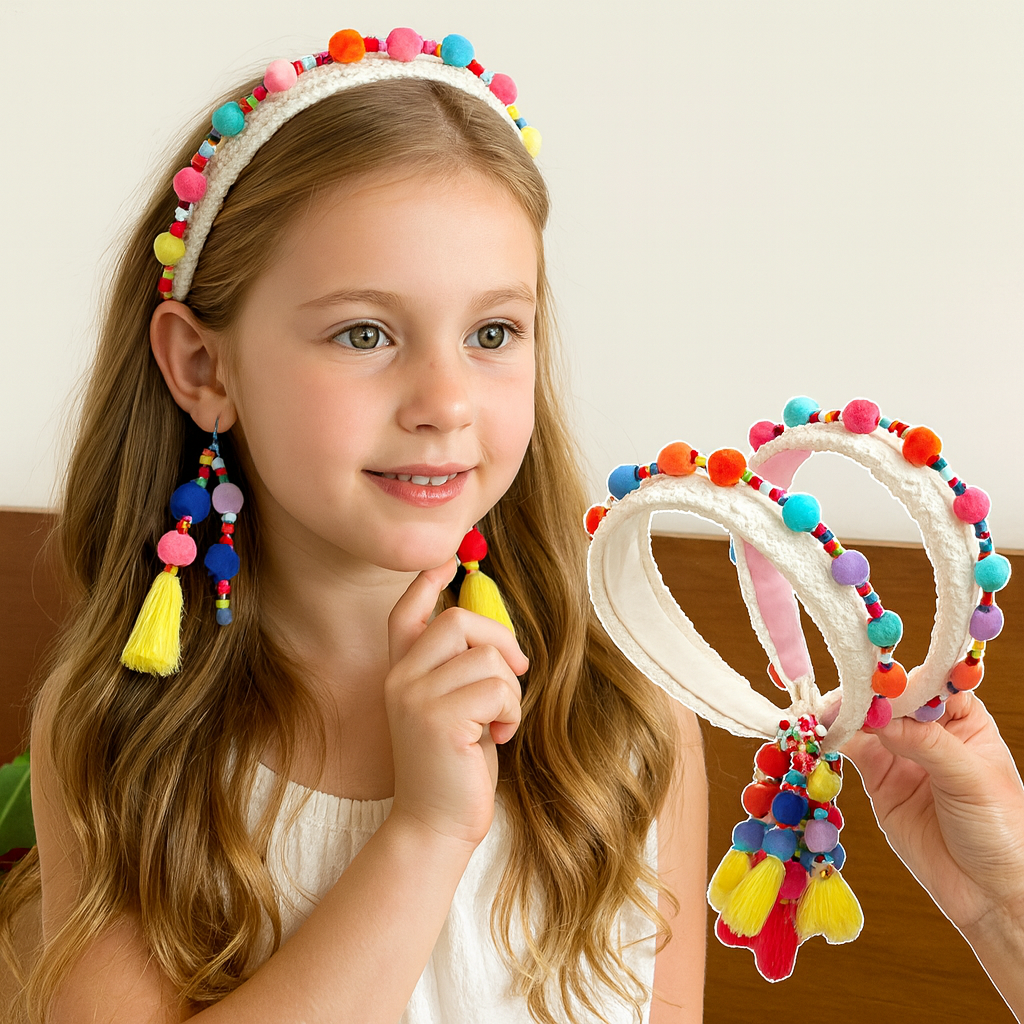 Kids’ Ethnic Style Colorful Pom-Pom Headband – Cute Festival Hair Accessory(Random with type)