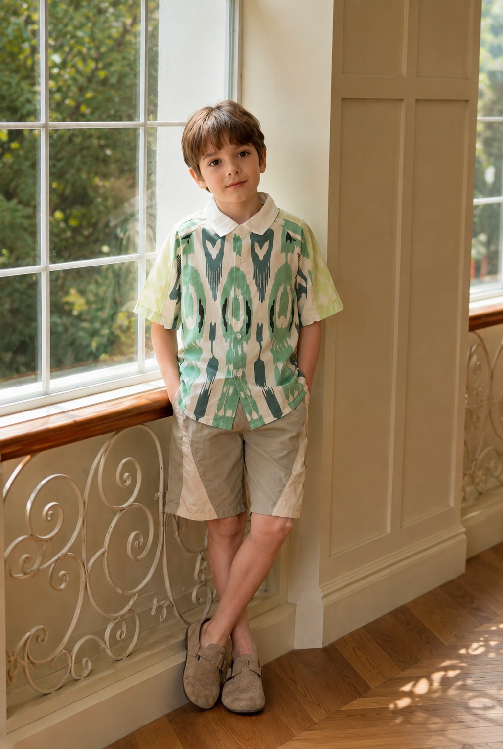 Kids Cotton Atlas Shirt – Green Ikat Button-Up (Unisex)