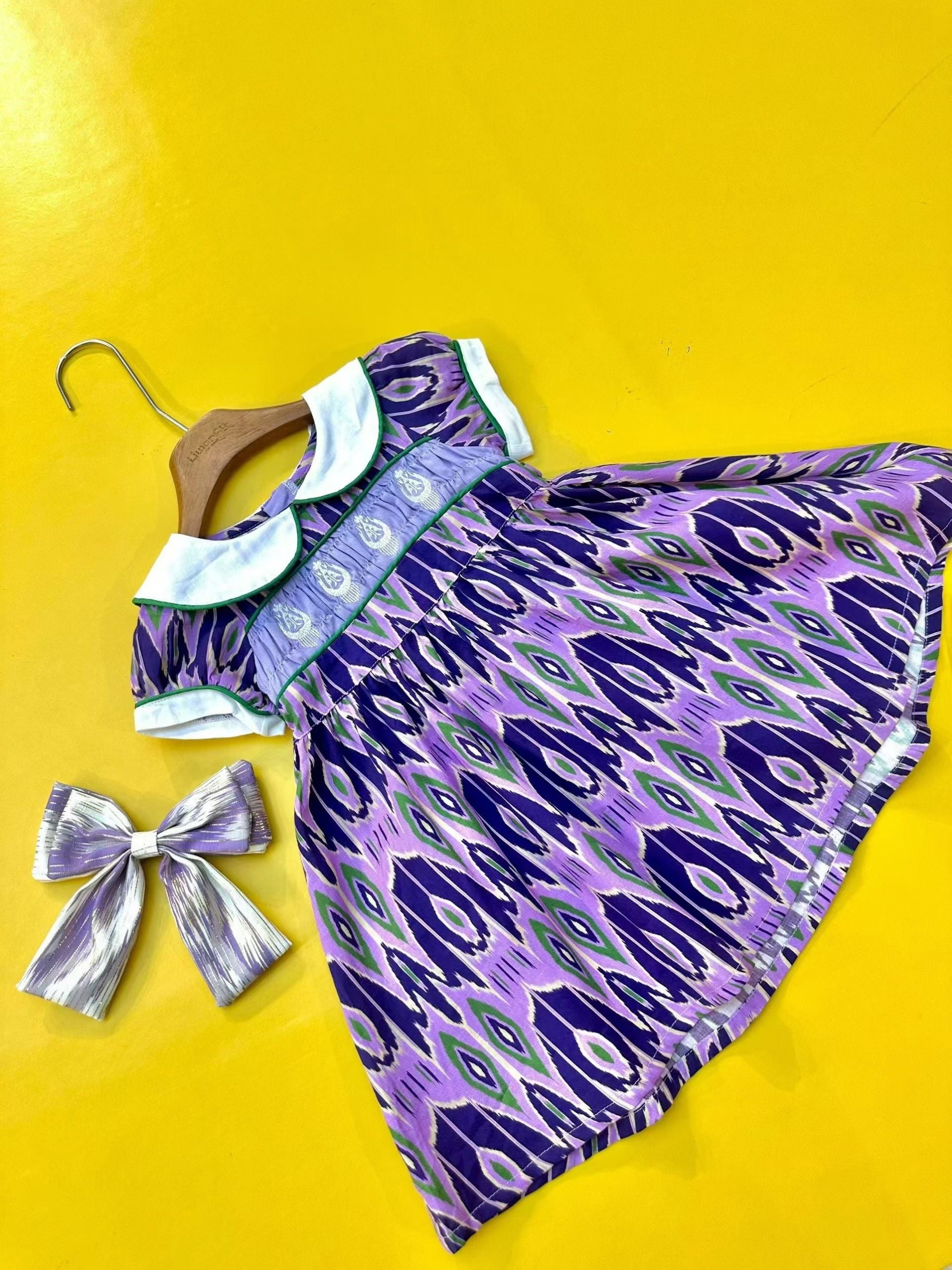 Girls Cotton Atlas Dress – Purple Ikat Dress with Peter Pan Collar