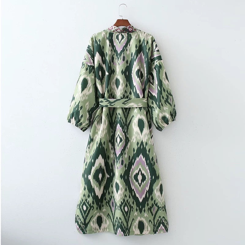 Ethnic Style Ikat Print Kimono Coat with Waist Tie – Mid-Length