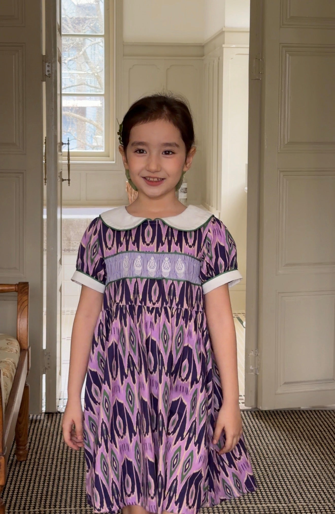Girls Cotton Atlas Dress – Purple Ikat Dress with Peter Pan Collar