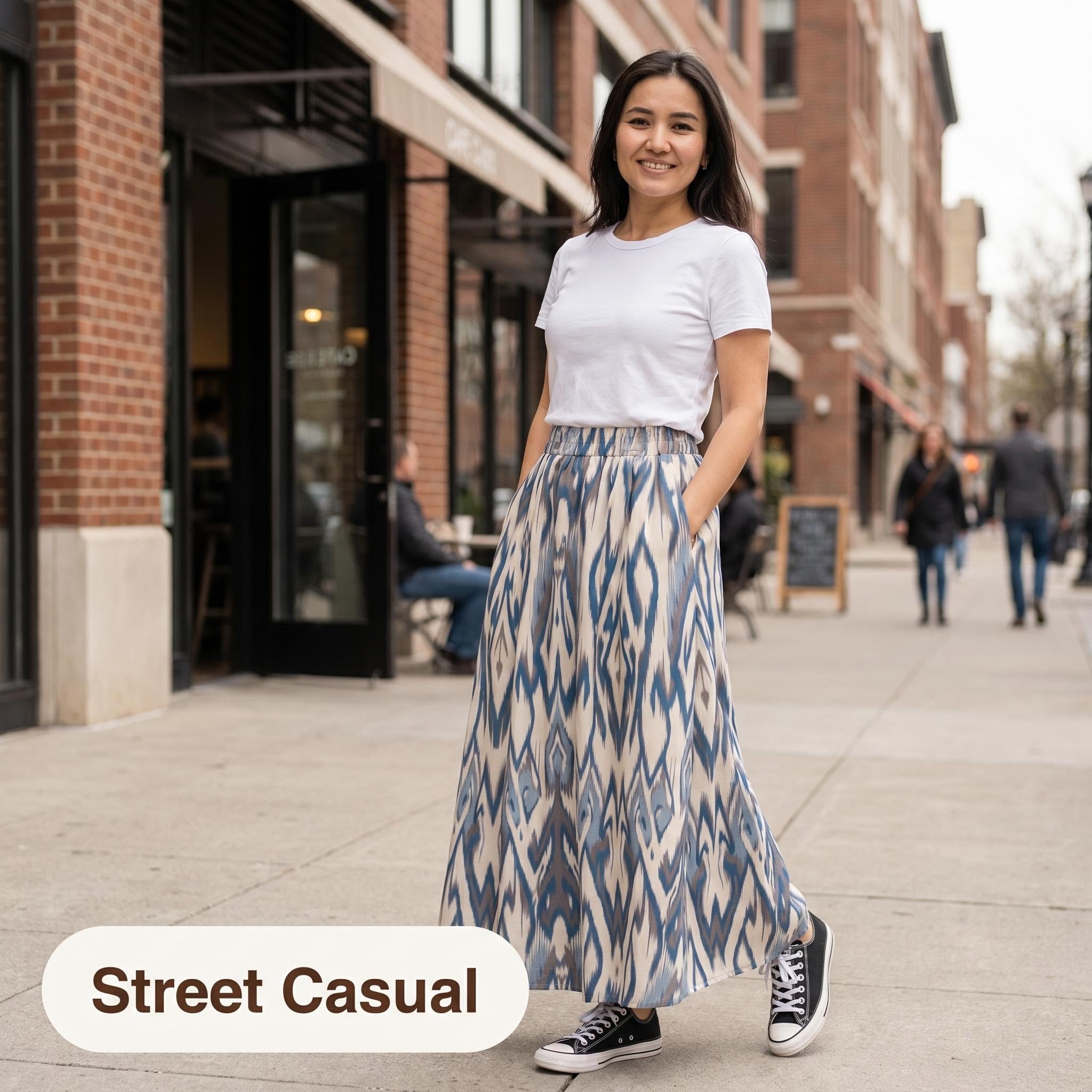 Coastal Ikat Linen Maxi Skirt – 100% Linen Heritage A-Line Skirt (One Size)