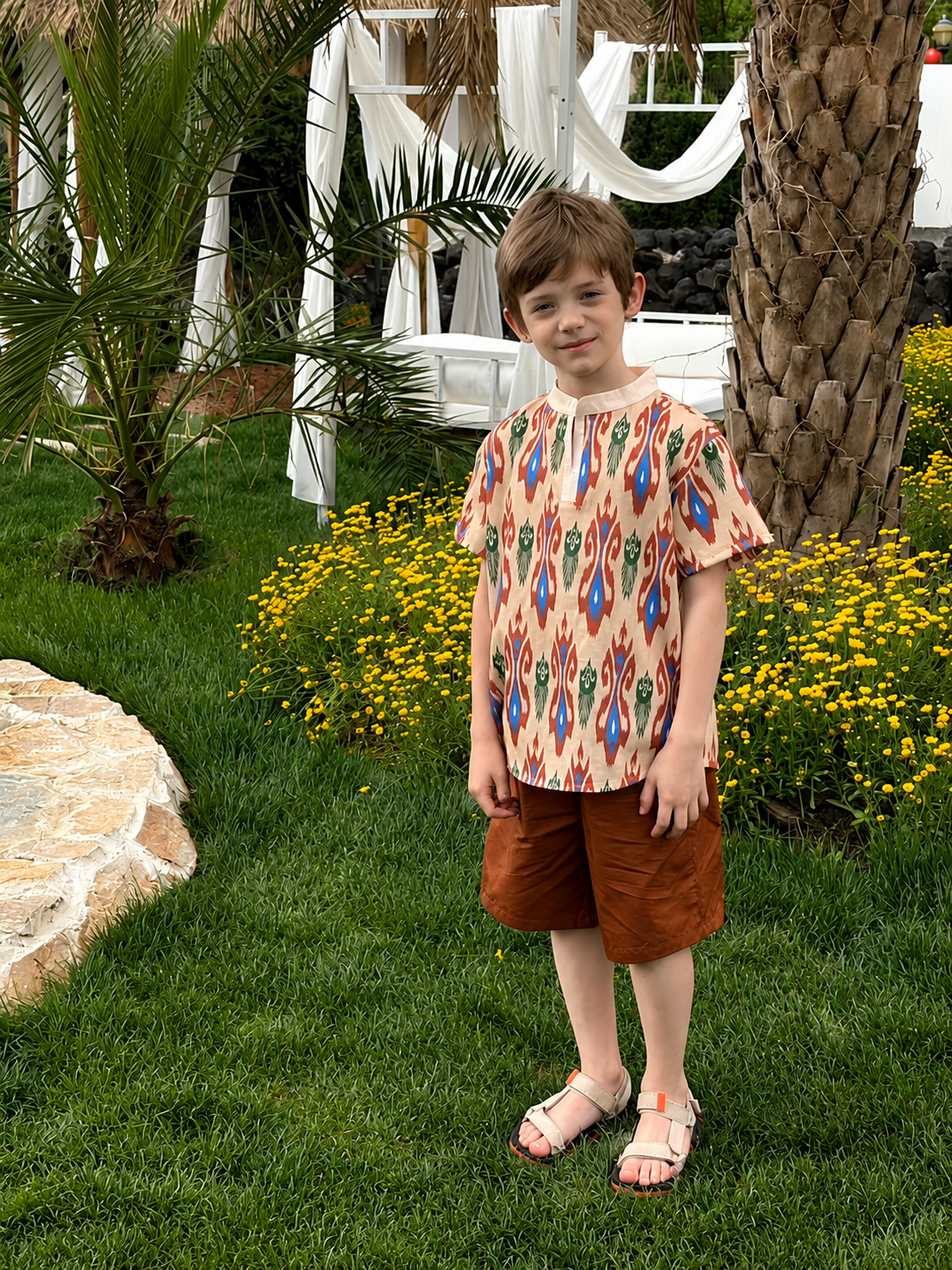 Siblings Set – Rust Ikat Dress & 2-Piece Boy’s Outfit