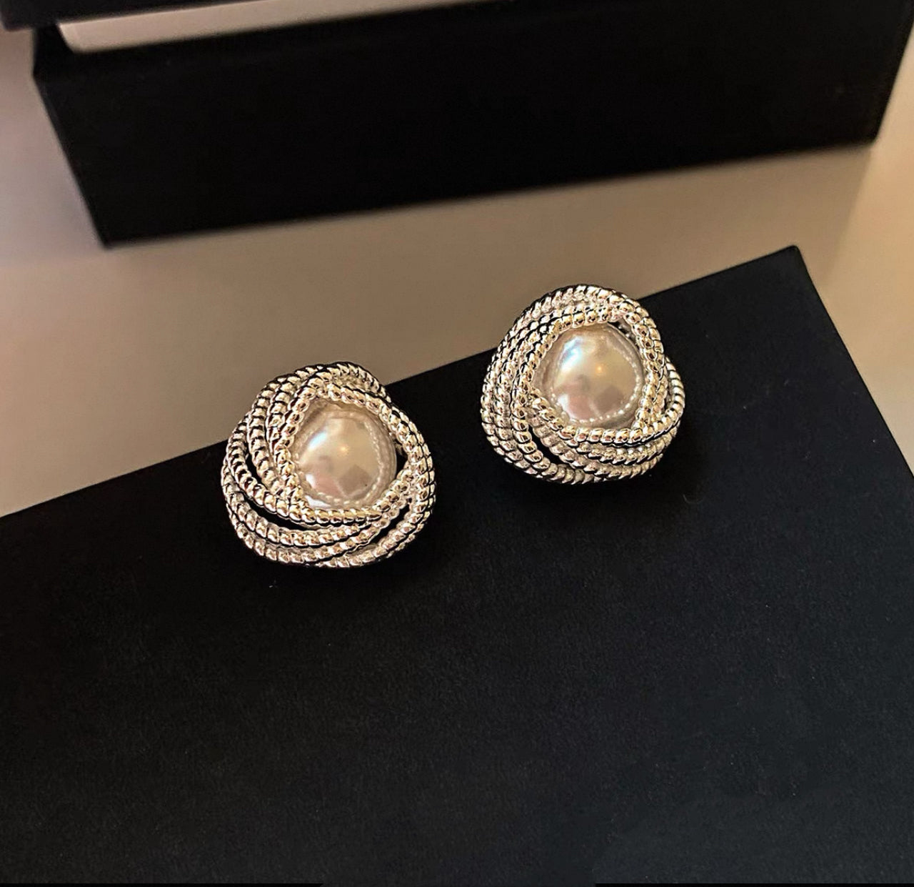 Silver Braided Knot Earrings with Austrian Pearls(10)