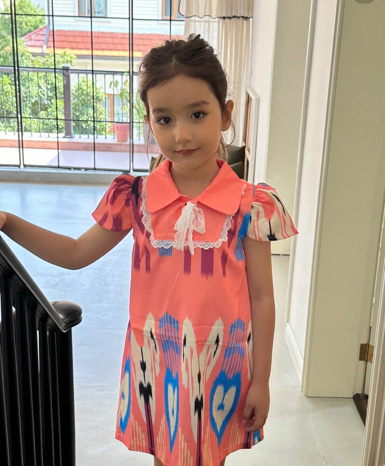 Girls’ Summer Ethnic Dress – Uyghur/Uzbek Atlas Print, Boho Vintage Style