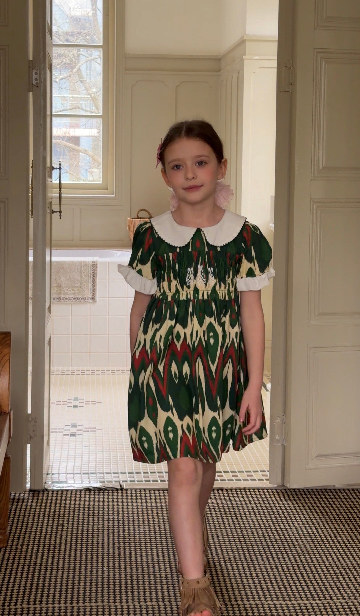 Girls Cotton Atlas Dress – Green Ikat Dress with Peter Pan Collar & Smocked Bodice