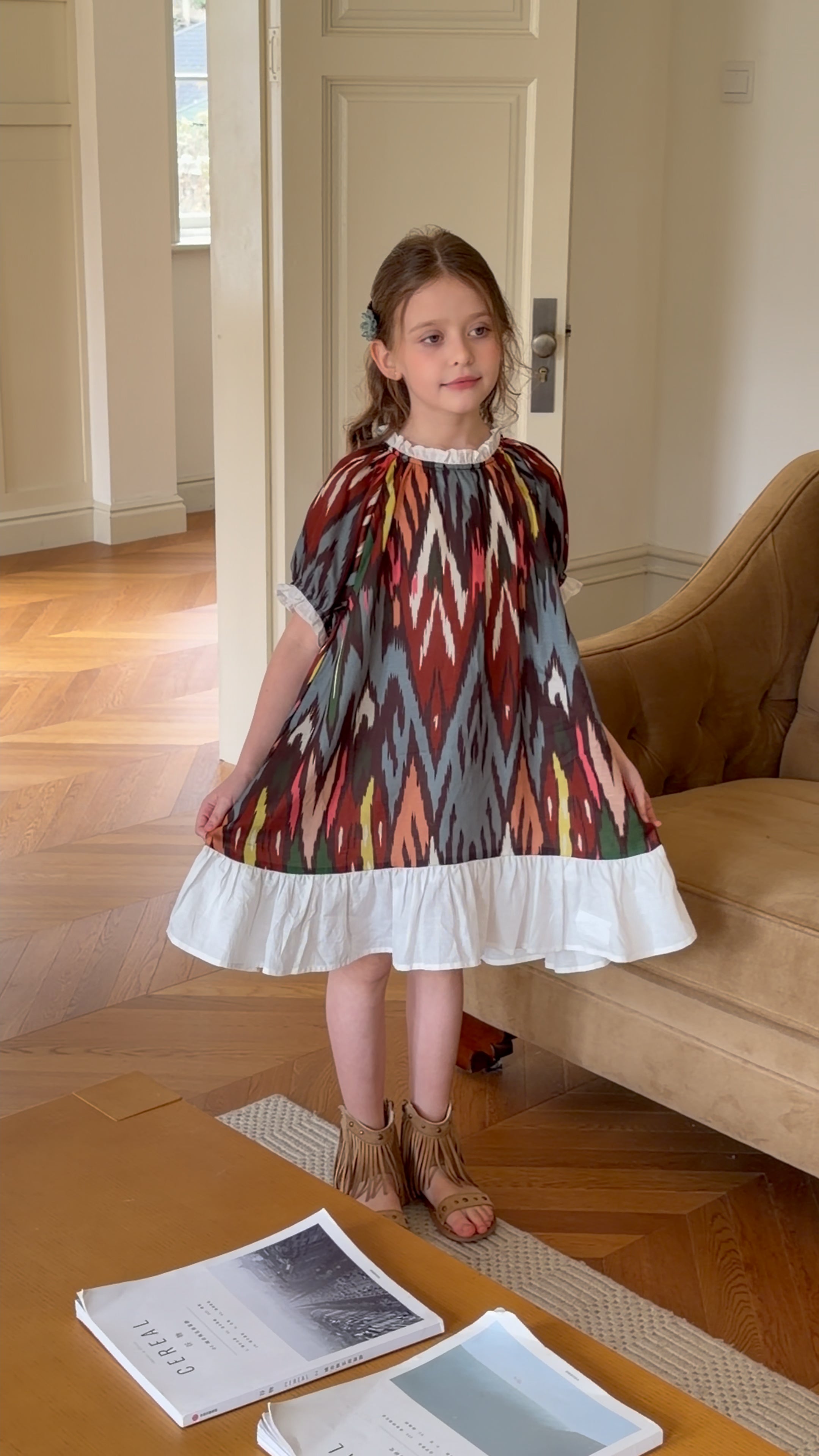 Luxury Atlas Cotton Dress for Girls – Elegant Vintage Princess Dress